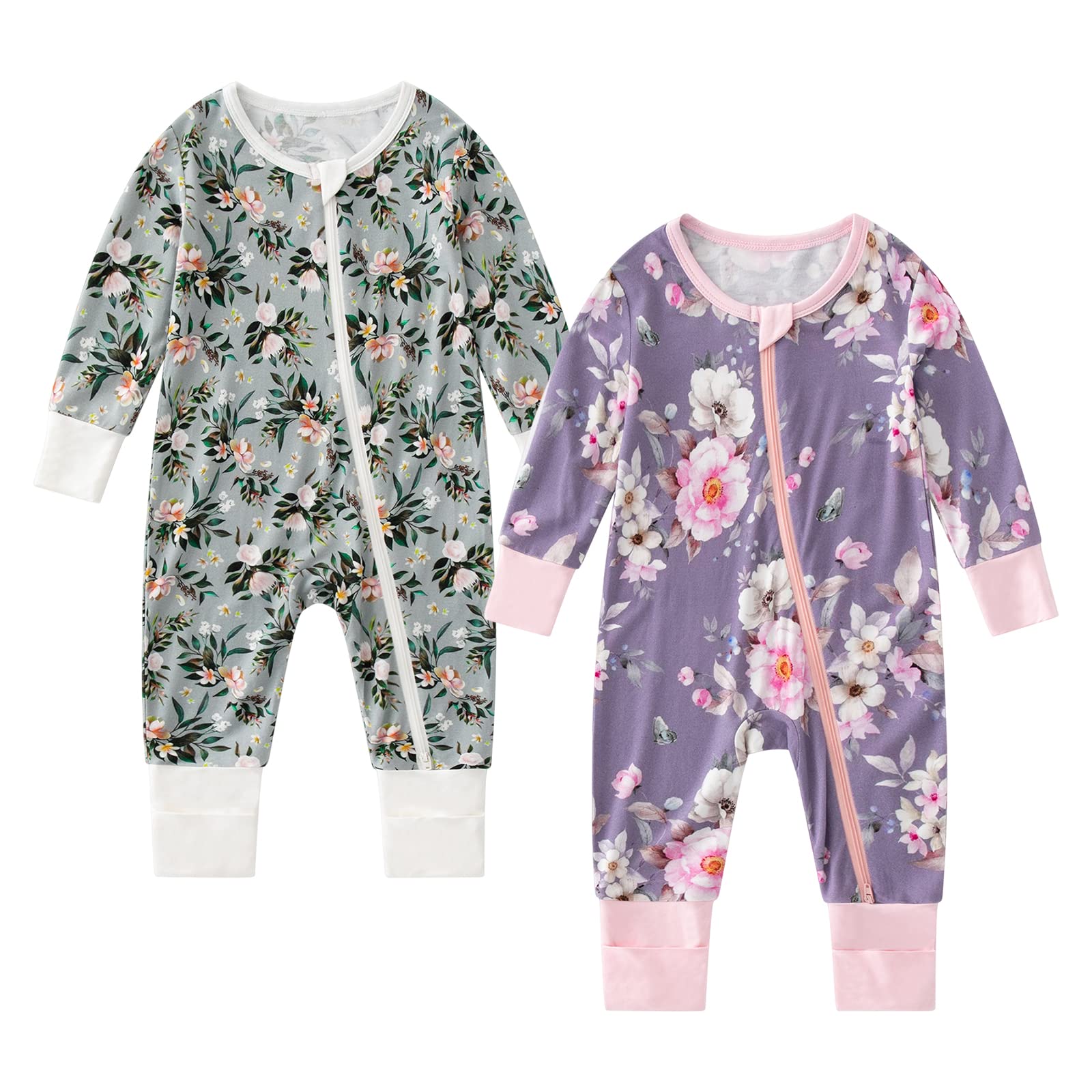 OPAWO Bamboo Baby Pajamas Girl 2pack Mittens Cuff 2 Way Zipper Soft Footless Sleeper Baby Boy Newborn One-Piece Romper