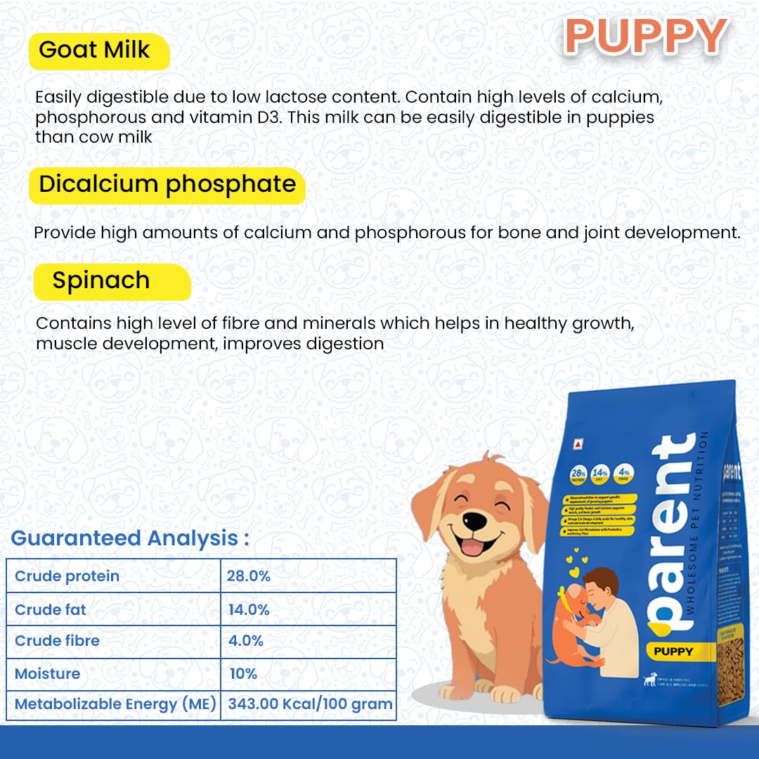 Parent Premium Dry Dog Food for Puppy (4 to 18months) Pet Food for Puppies Complete Nutrition for All Breeds & Sizes Supports Growth & Immunity Digestion 10kg Puppy, Free 500g 4