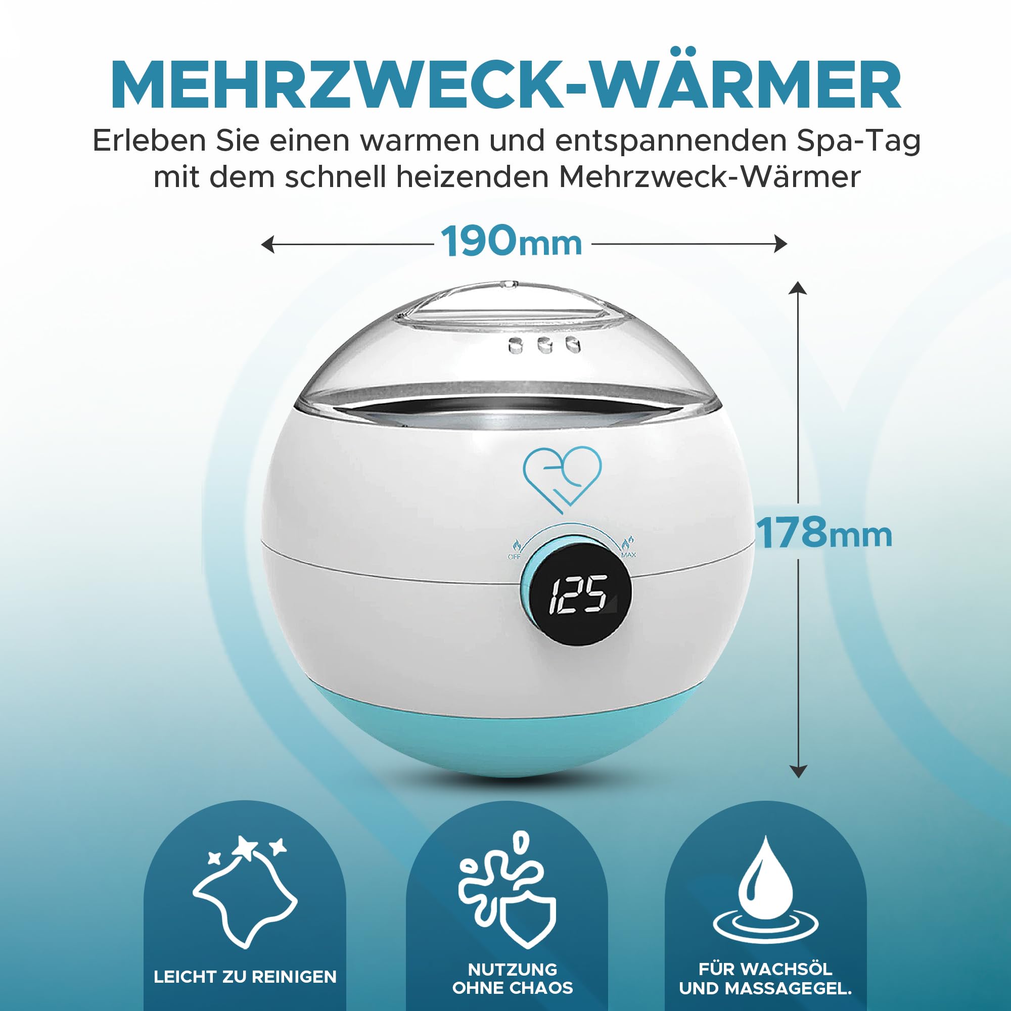 Elektrischer Mehrzweck-Massagegel- und Ölwärmer, Wachsschmelzer, mit Aluminium-Wärmetopf 500 ml, Temperaturregelung von 35 °C bis 125 °C, mit LCD-Anzeige