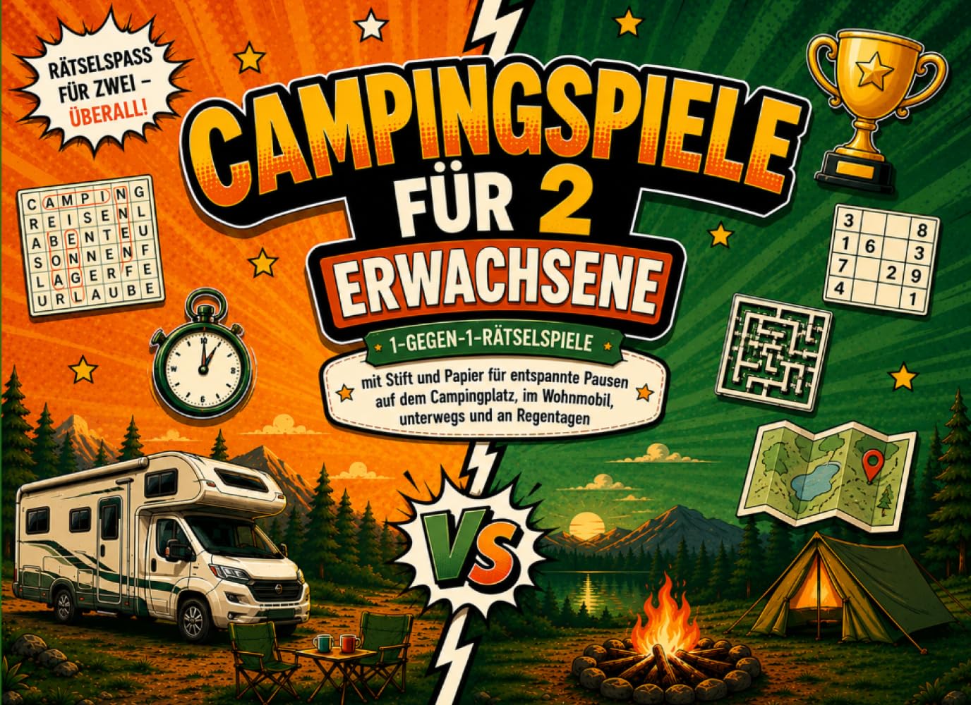 Campingspiele für 2 Erwachsene: 1-gegen-1-Raetselspiele mit Stift und Papier fuer entspannte Pausen auf dem Campingplatz, im Wohnmobil, unterwegs und an Regentagen