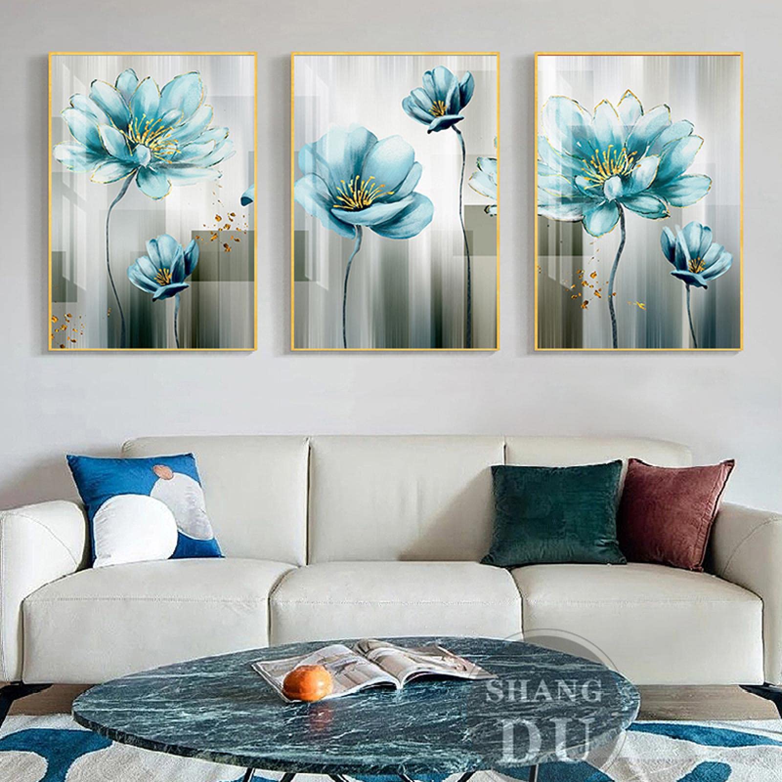 Affiches sur toile décoration salon bleu doré triptyque 40x60