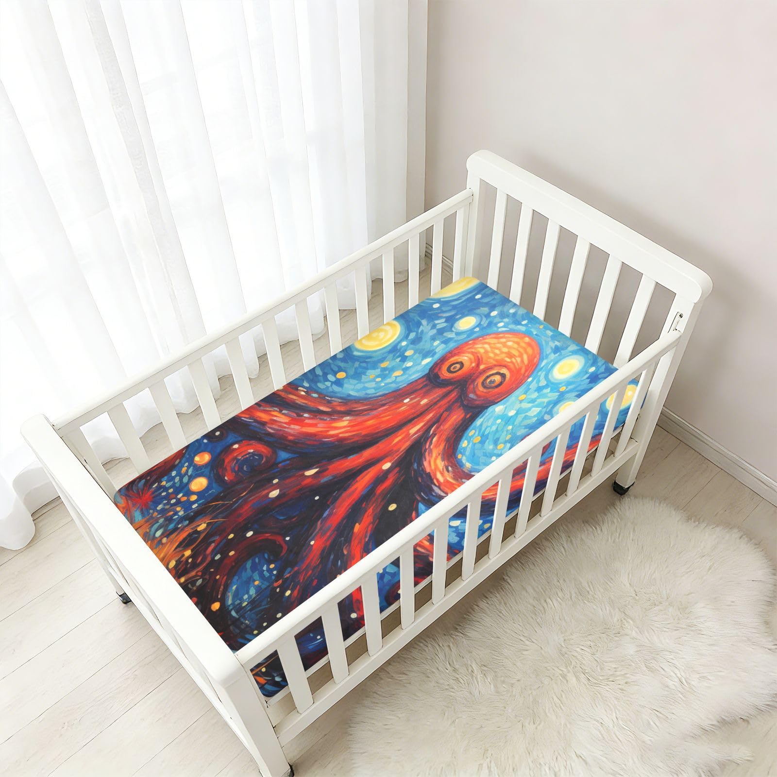 Pulpo Rojo Azul Arte Sábana de Cuna para Niños Pequeños,Sábanas de Algodón Suave para Bebés Aptas para Colchón Corralito