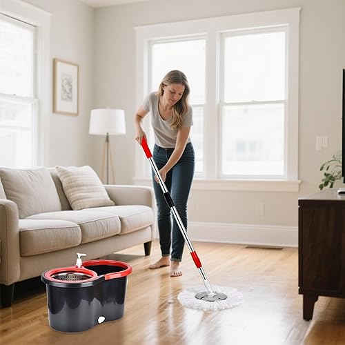 Miniatura 3 de Juego de trapeador giratorio y cubo, trapeador giratorio 360 y cubeta de acero inoxidable, sistema de limpieza de suelos, con 3 cabezales de