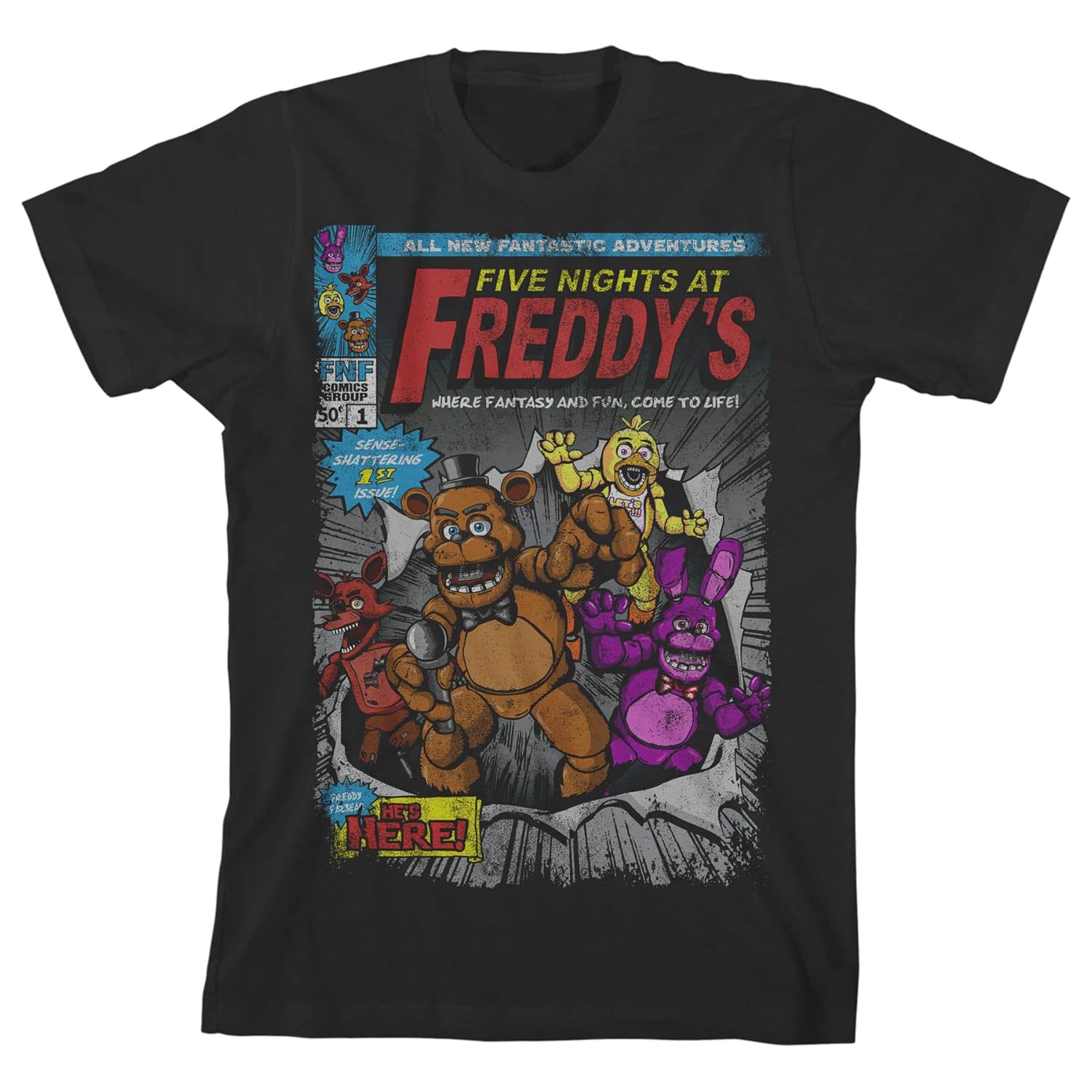 Camiseta masculina preta Five Nights at Freddy’s Comic Cover Art em promoção! Veja a oferta e mais achadinhos de Meninos Hoje é o melhor dia para comprar Camiseta masculina preta Five Nights at Freddy’s Comic Cover Art com aquele preço maroto! Promoção! Aproveite a oferta!
