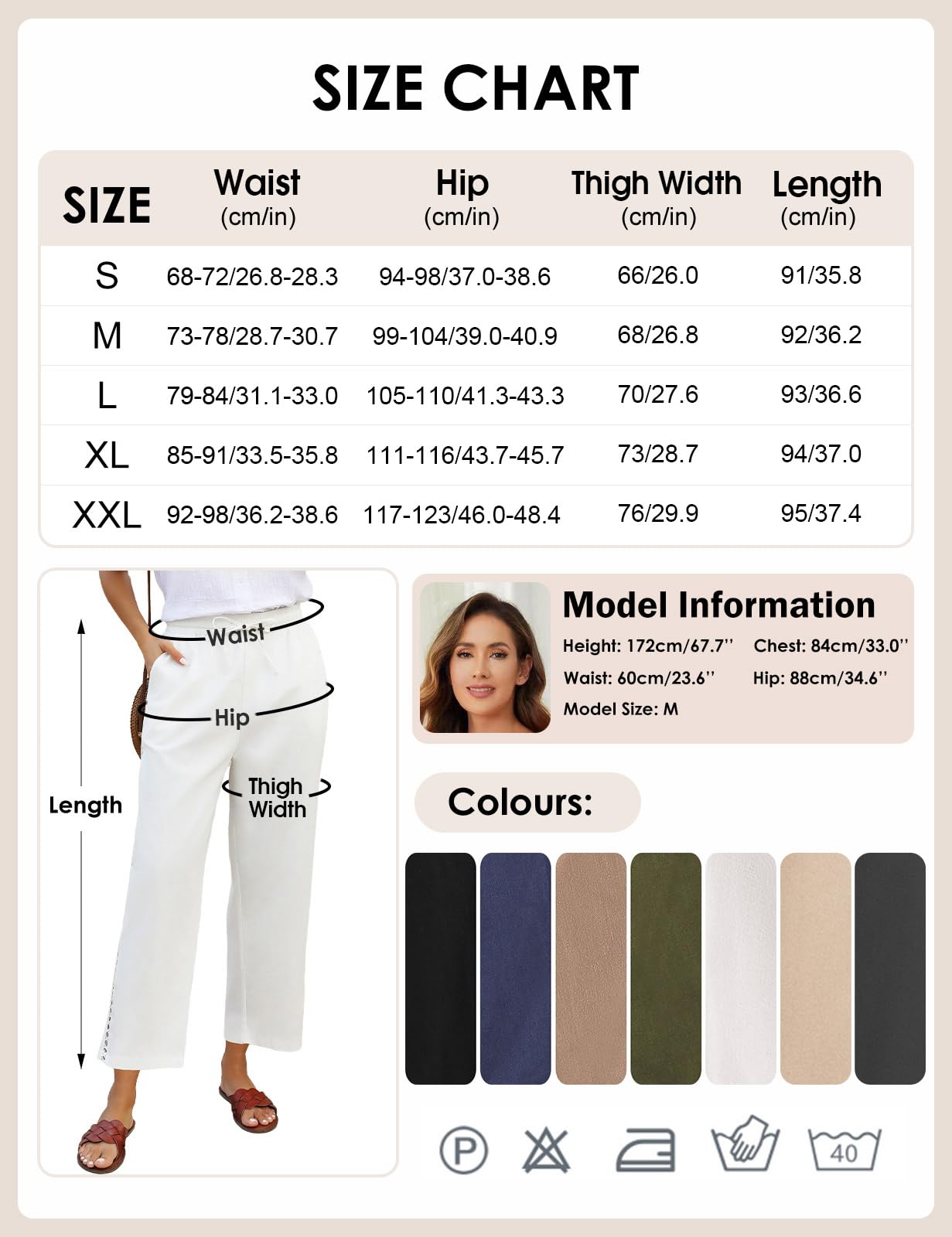 CMTOP Pantalon Femme Été Coton Lin 7/8 Pantalons Fluide Pantalon Loisirs Léger Longueur Pants Décontracté Solide Couleur Droit Pants avec Poches Cordon