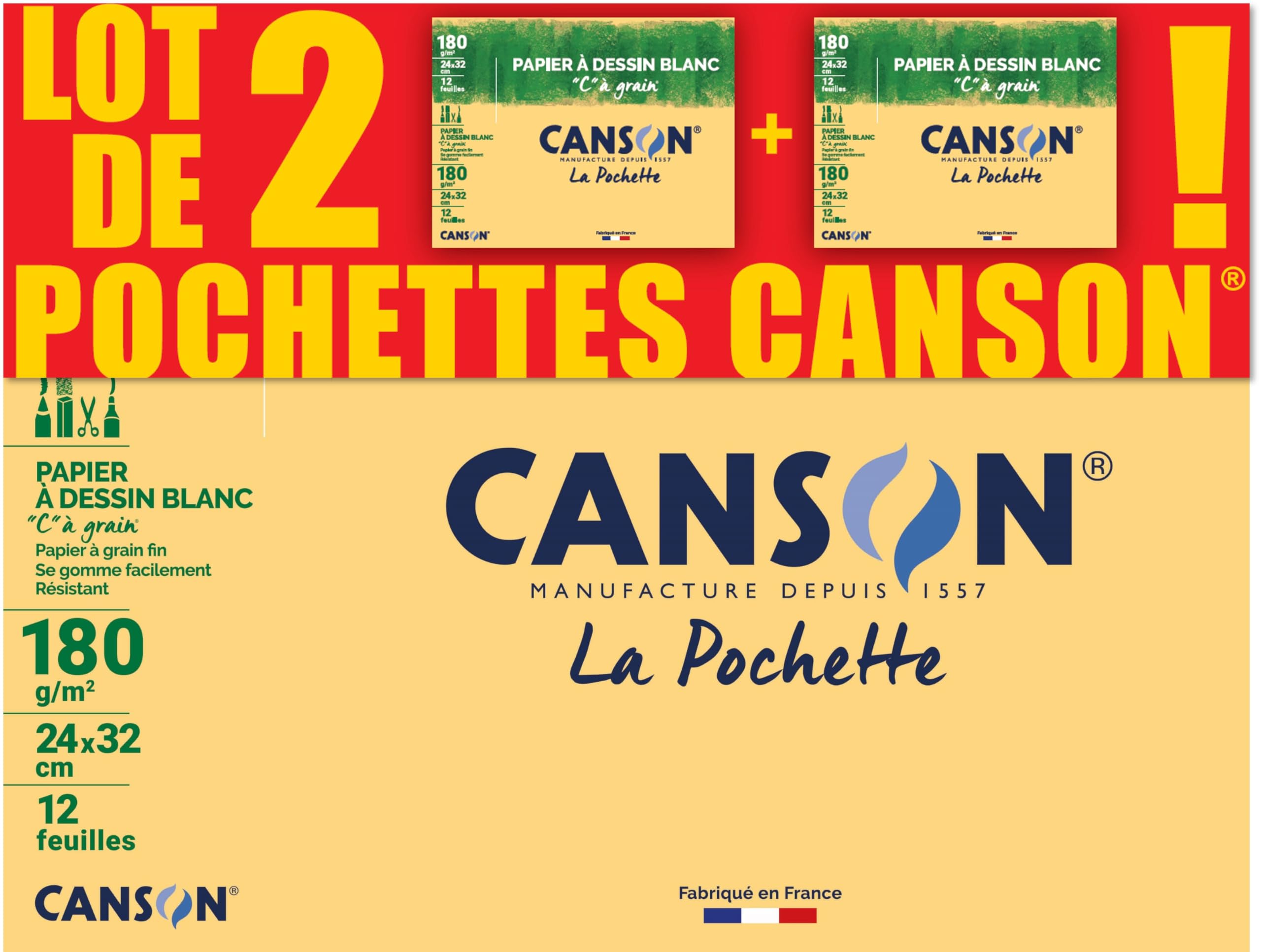 CANSON C à Grain Pack of 2 Pockets 12 Sheets of Drawing Paper 24 x 32 cm 180 g/m² White