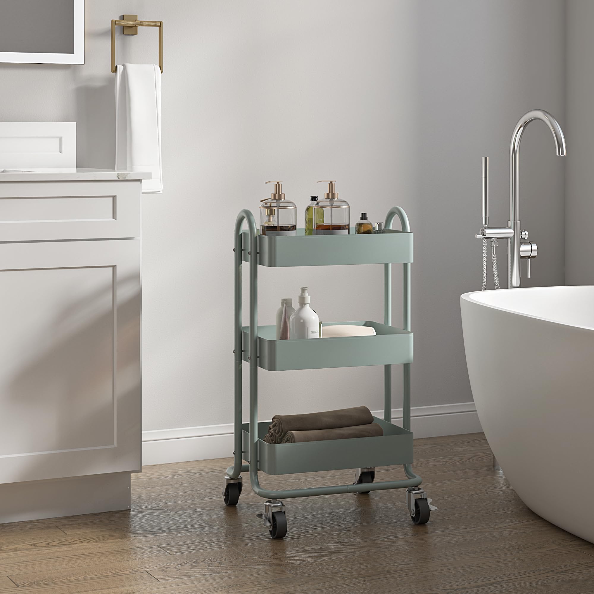 [en.casa] Carro de Servicio con 3 Cestas Estantería de Baño con 4 Ruedas Carrito de Cocina Multiusos Versátil Resistente Acero 79 x 46 x 35 cm - Verde Menta