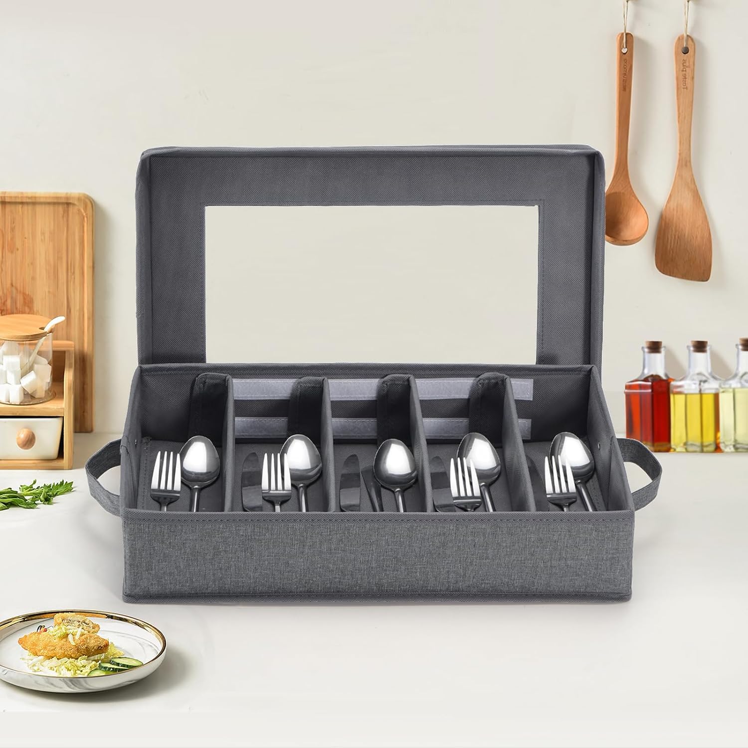 Caja de almacenamiento de cubiertos, 2 unidades, almacenamiento de cubiertos, almacenamiento de utensilios con tapa extraíble y separadores ajustables para organizar utensilios, cubiertos