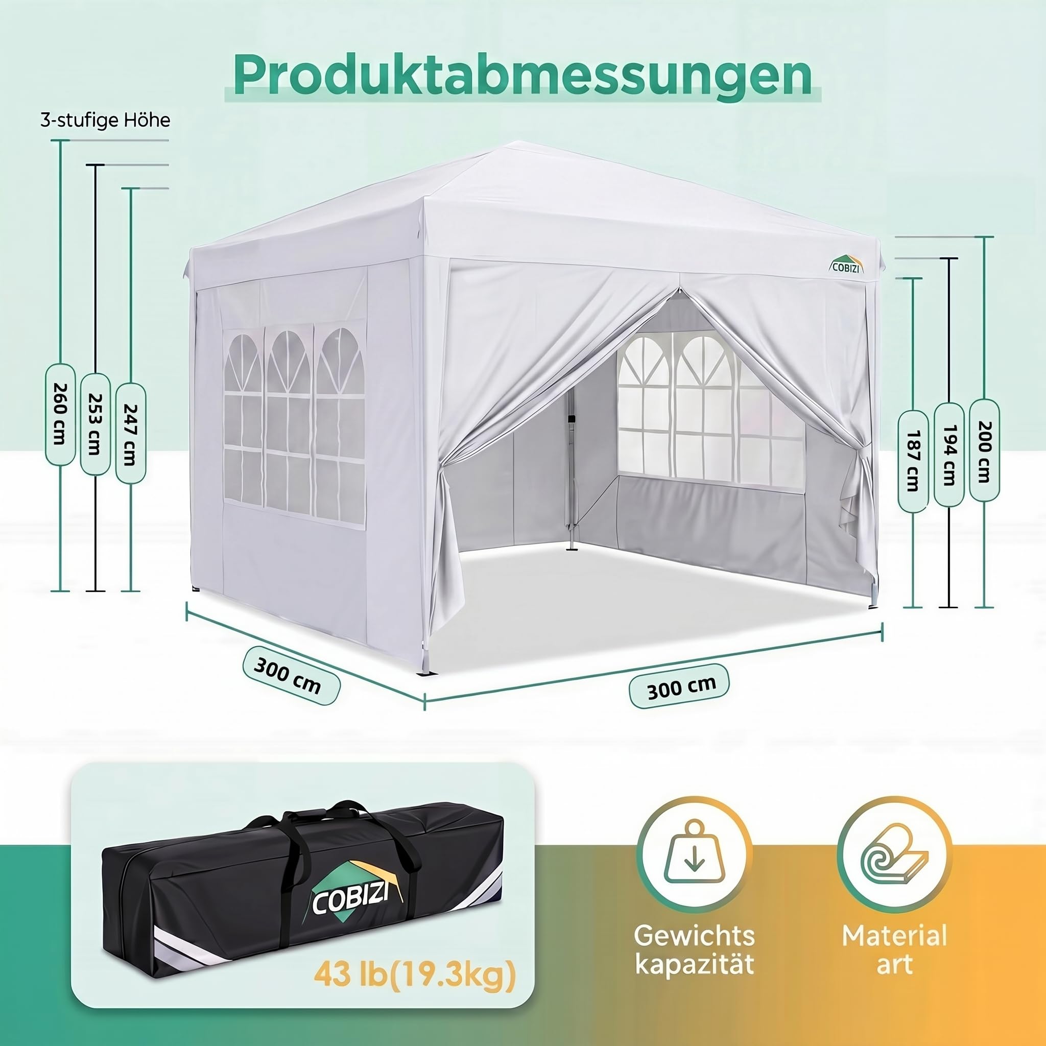 COBIZI Pavillon 3x3 Faltpavillon Wasserdicht Stabil Winterfest Faltbar Partyzelt mit 4 Seitenteilen Pop up Gartenpavillon UV Schutz 50+ Höhenverstellbar für Strand Hochzeit Camping, Weiß