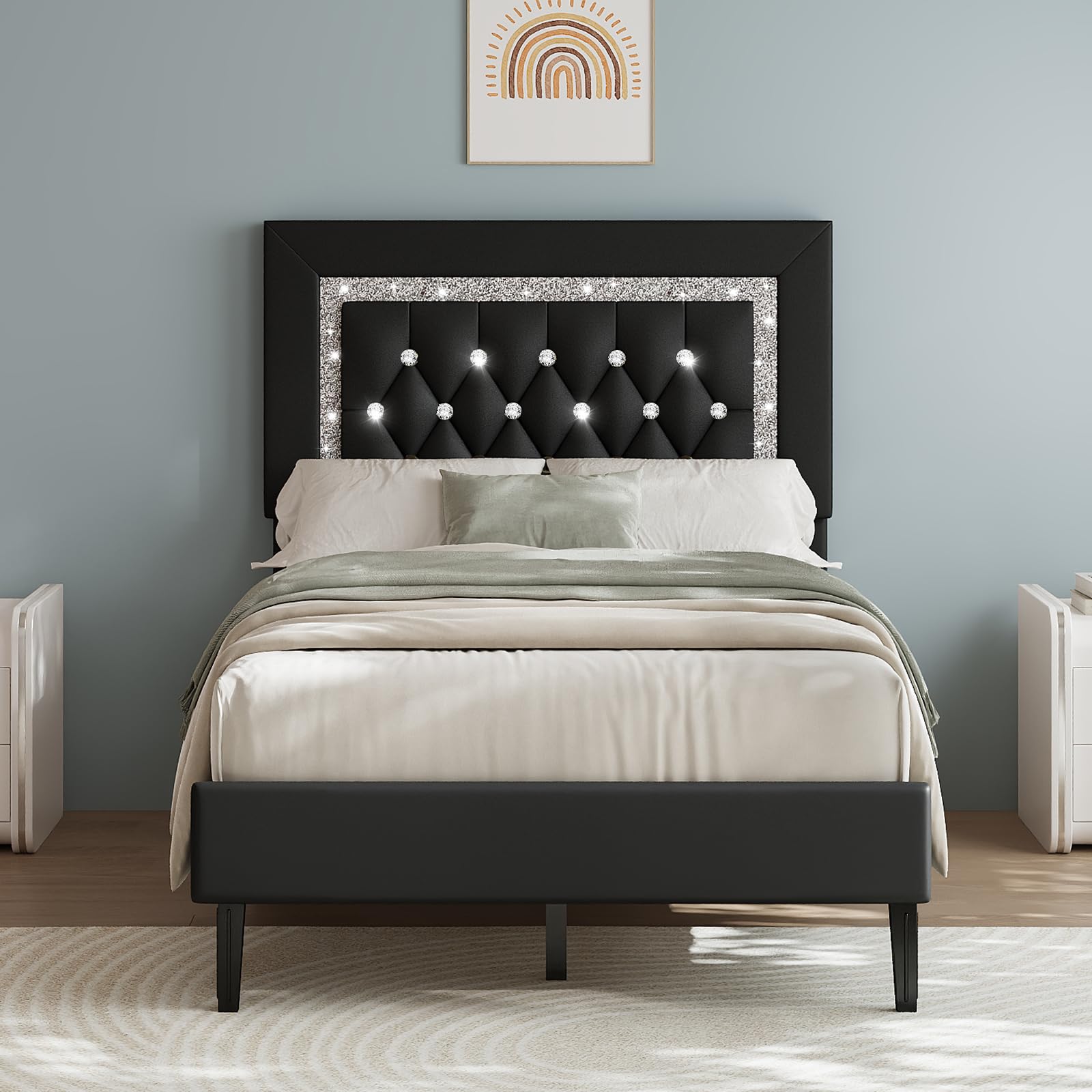HOMBCK Single Bed Frame, Upholstered Platform Bed with Diamond Tufted Headboard, Wood Slat Support, No Box Spring Needed, Black, 90x 190