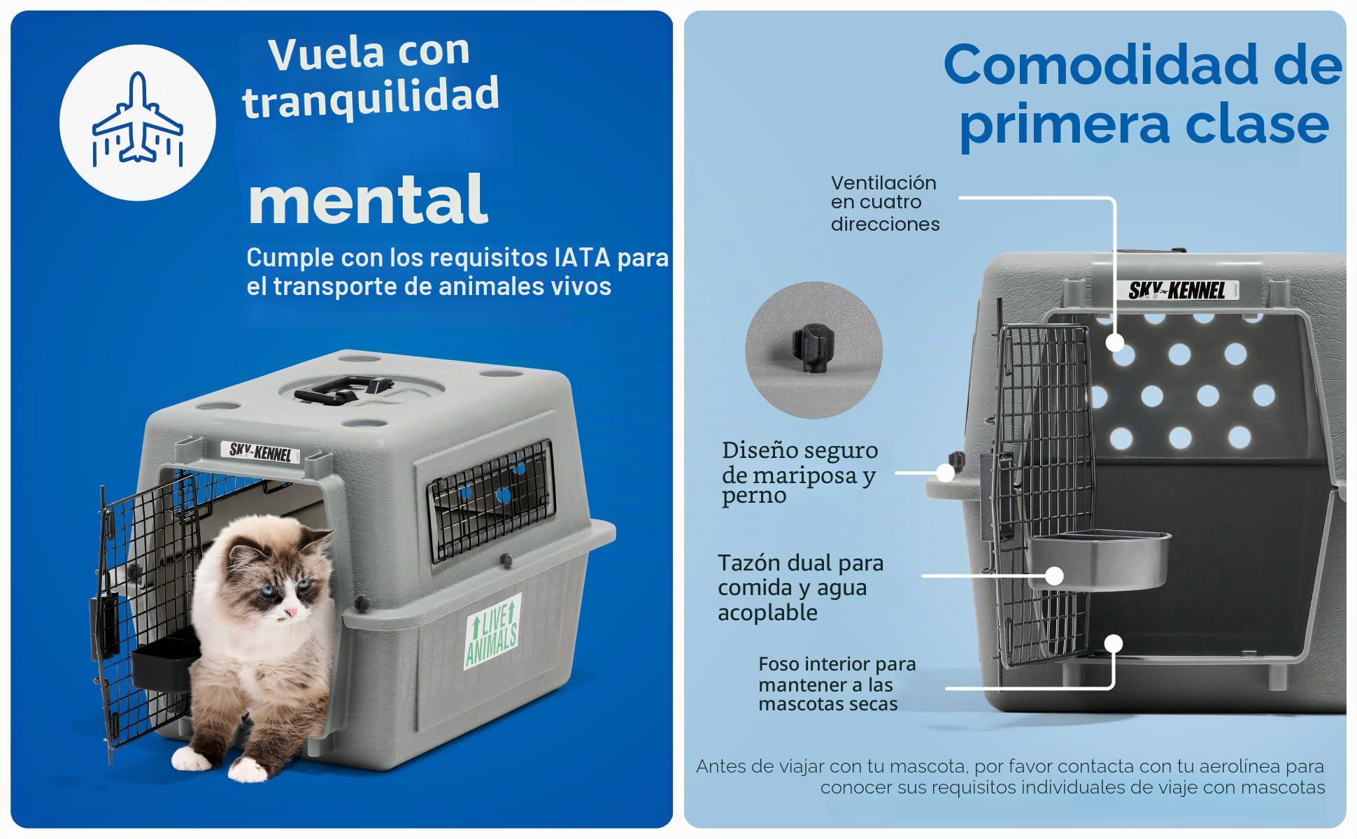 Petmate - Sky Kennel - Transportín para Mascotas - Cumple la Normativa IATA - Robusto y Ventilado - Gran Tamaño - Dimensiones Interiores 81,25 x 55,75 x 66 cm