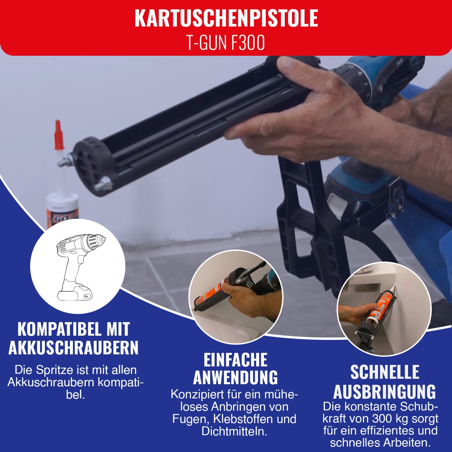 TIVOLY - Kartuschenpistole T-Gun F300 - Anpassbar an Bohrmaschine und Schrauber - Für Kartuschen Ø 50 mm / 310 ml