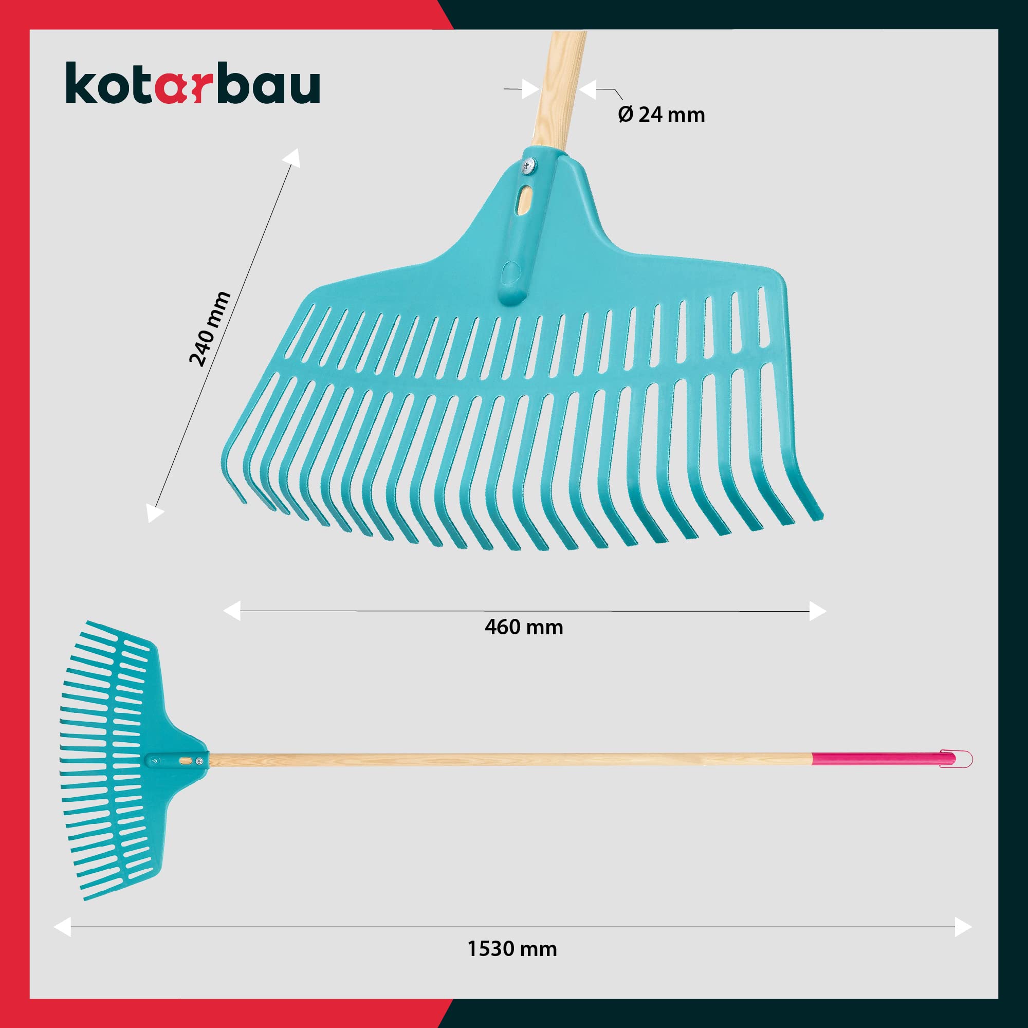 KOTARBAU® Grabie do Liści - 46 cm - Grabie do Trawy - Plastikowe - Niebieskie - Drewniany Trzon