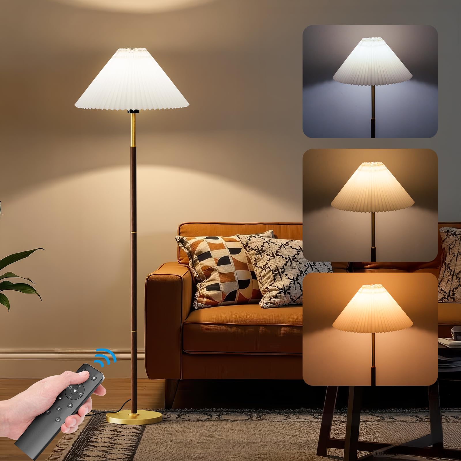 CRLL Floor Lamp for Living Room with Remote, APP & Foot Switch, 12W LED Bulb, 3 Color Temperatures Stepless Dimmable Tall Standing Lamp, Pleated Shade & Red Wood Grain Pole
