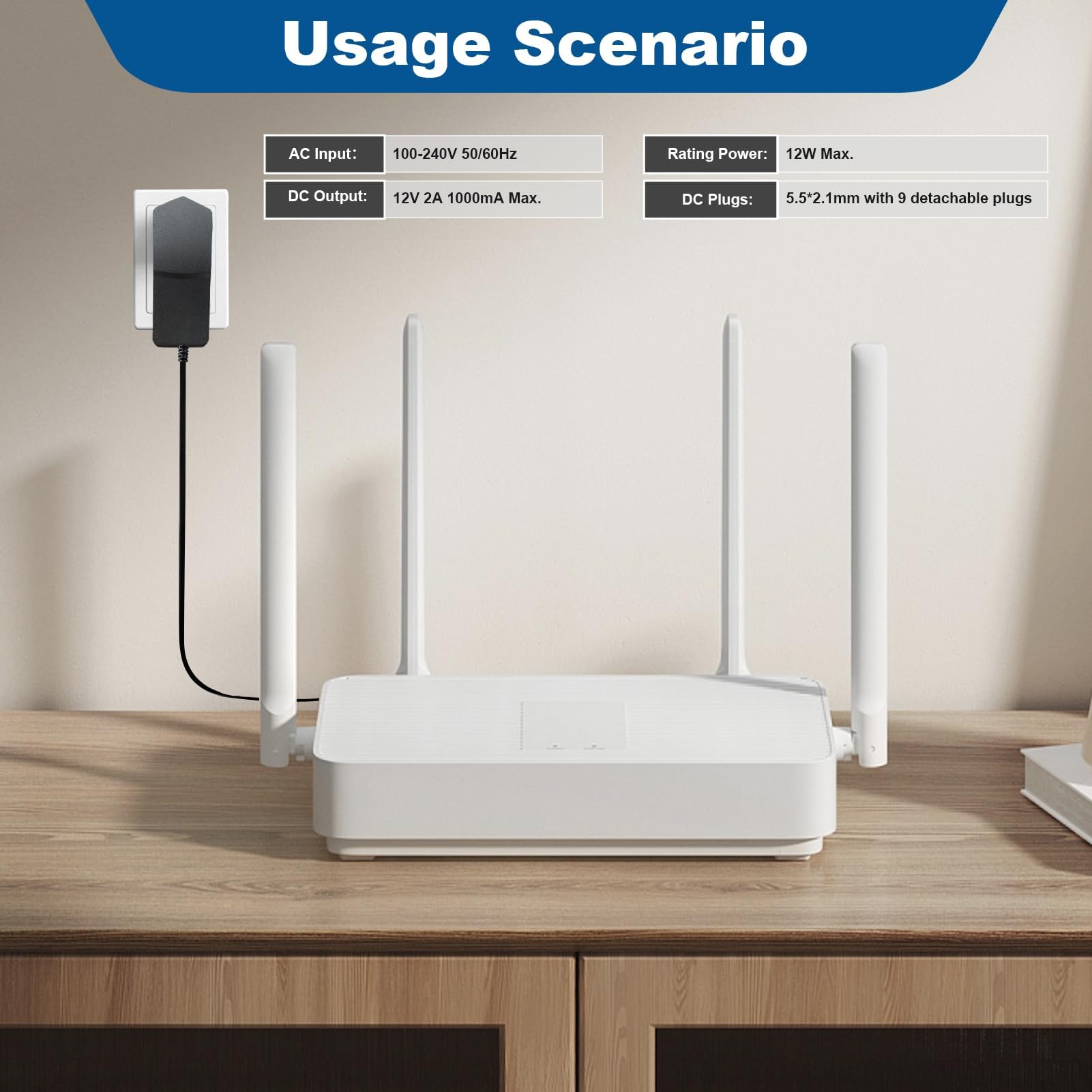Fuente de Alimentación Universal 12V 2A, AC DC Adaptador con 9 DC Enchufes, Power Supply 100-240V 50/60Hz, Cargador DC 5.5mm X 2.1mm para Tiras LED Cámara CCTV Router WLAN Ventilador Caso Caja de TV — view 6