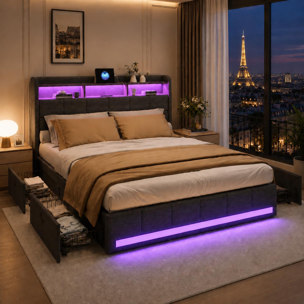 Letto 160 x 200 con rete LED e ricarica USB, letto matrimoniale imbottito 4 cassetti, testiera di stoccaggio in lino, letto grigio per adulti e adolescenti