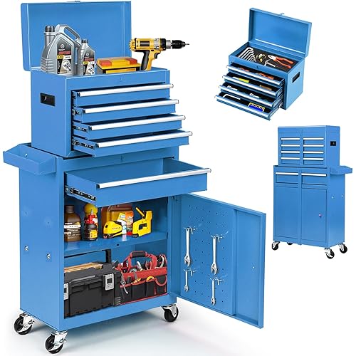 Dawmilon 5-Drawer Rolling Tool Chest with Wheels - Large Tool Storage Cabinet with Detachable Toolbox for Repair Room, Warehouse - Rolling Tool Box with Hooks, Liners, Blue