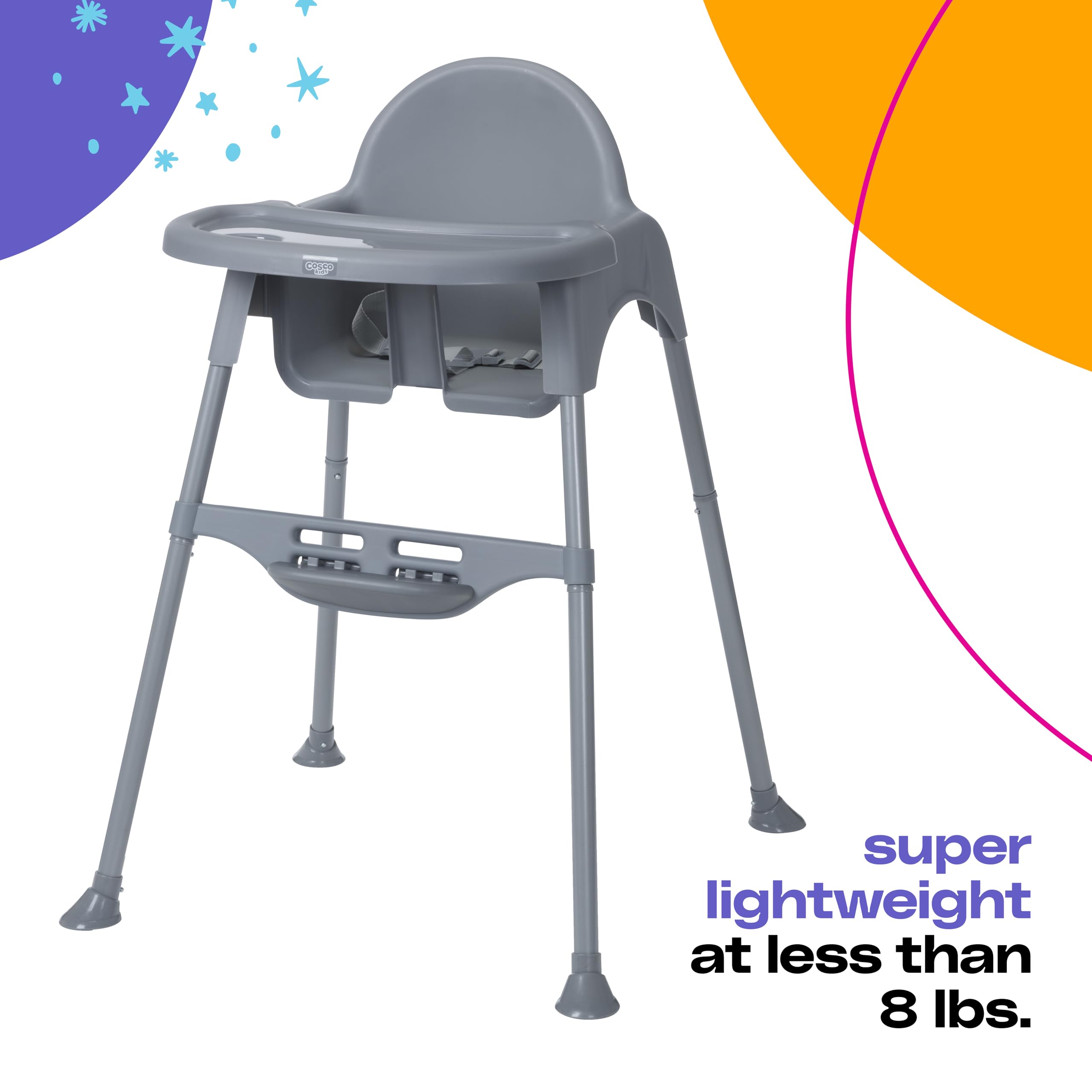 Cosco Kids Canteen High Chair Lightweight Portable Baby Feeding Chair with Adjustable Tray, Easy to Clean, Kitchen or Dining Use, Toddlers Up to 33 lbs, Mono Grey