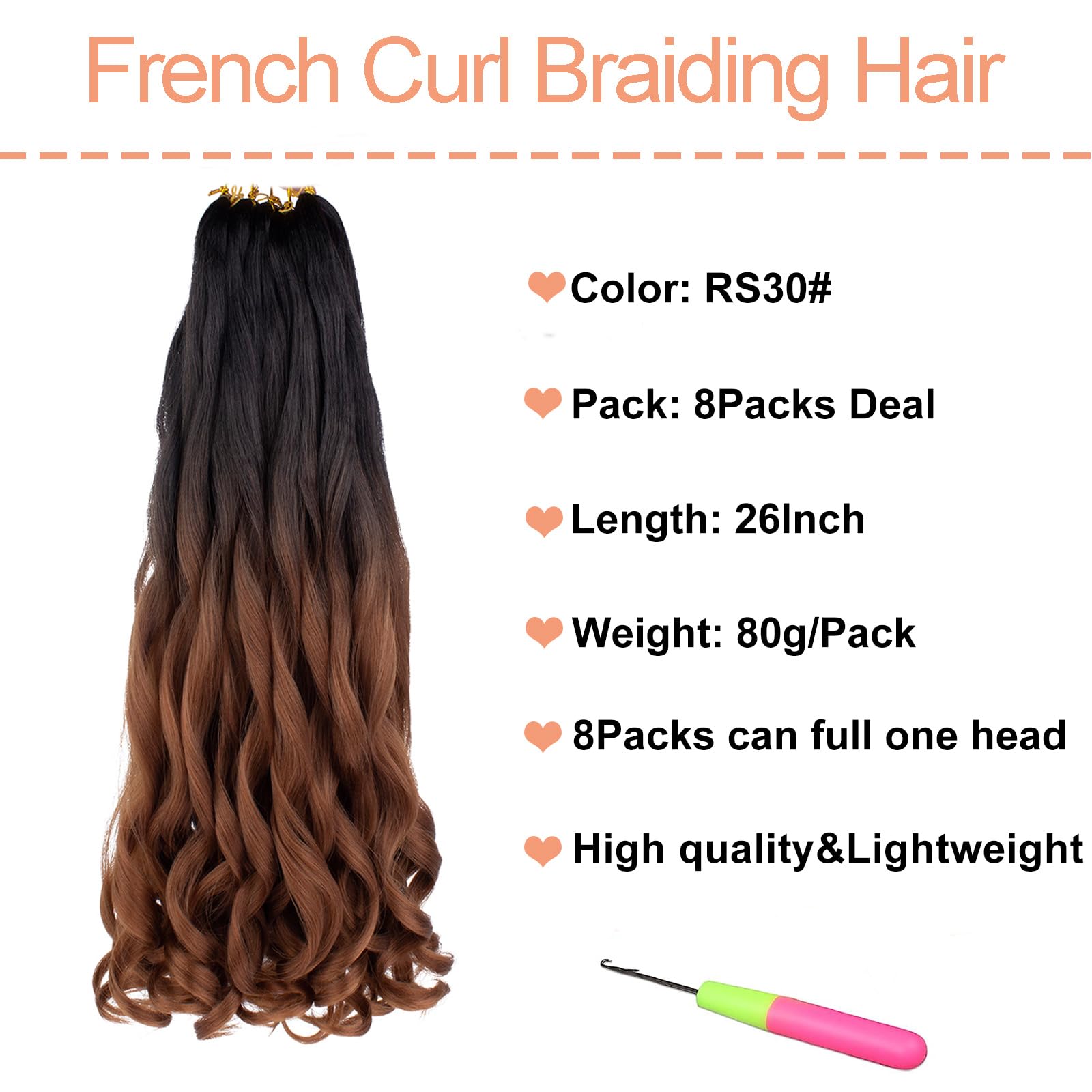 Mscat 26 Inch 8 Packs Pre Stretched French Curly Braiding Hair Loose Wave Bouncy Hair Extensions RS30#, 26 Inch (Pack of 8) - Image 2