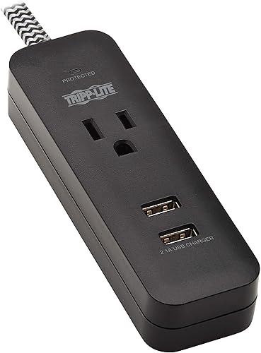 Tripp Lite Protector contra sobretensiones de 1 salida con 2 puertos USB (2.1A compartidos) - Cable de 4 pies, Enchufe 5-15P, 450 Julios, Negro