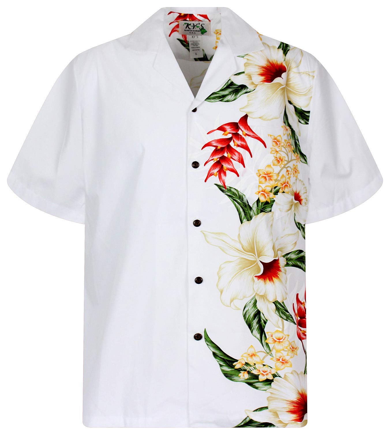 KY's Camicia hawaiana originale, striscia rossa per matrimonio, bianco, L