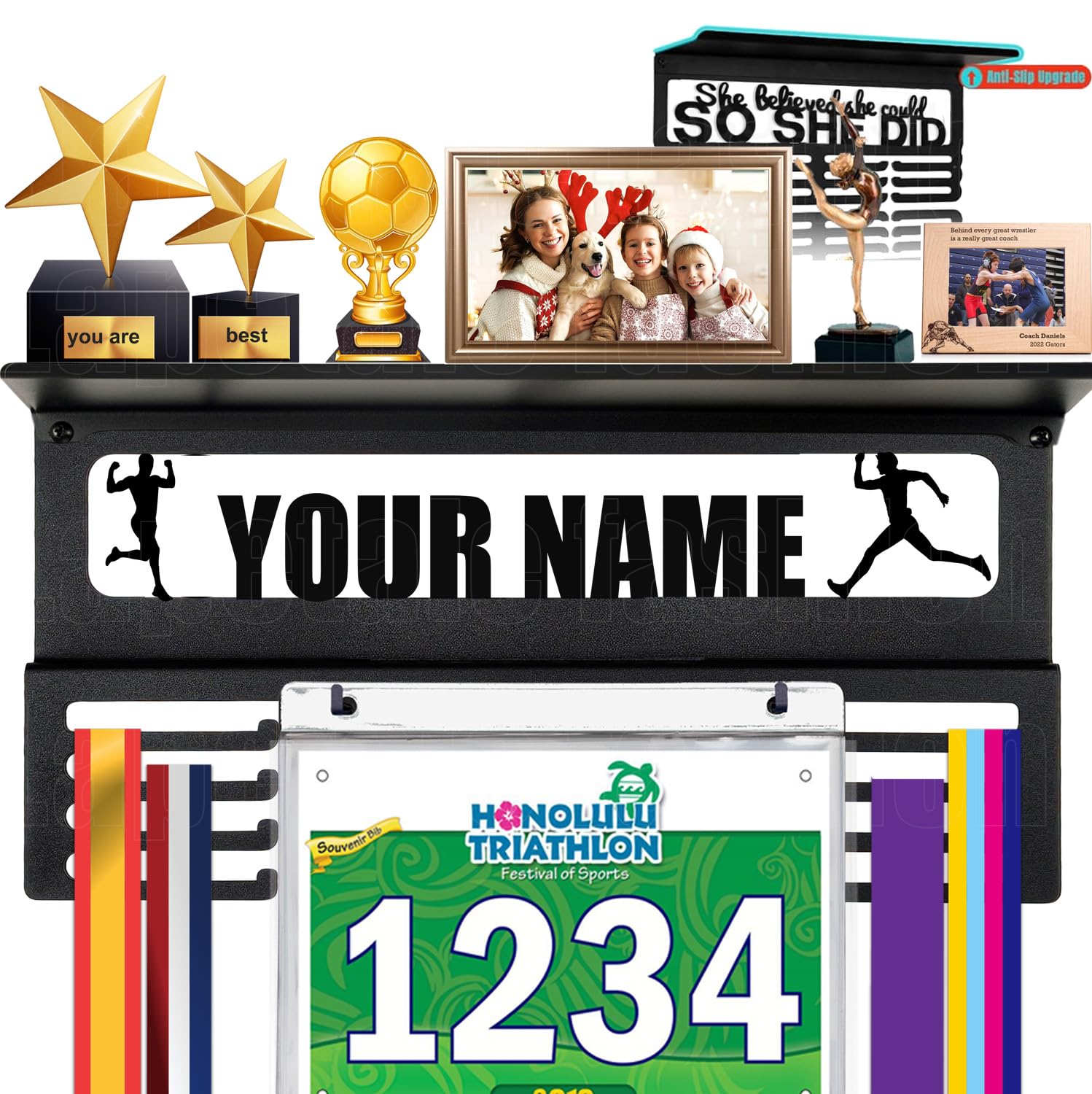 Personalized Medal Hanger Display with Trophy Shelf