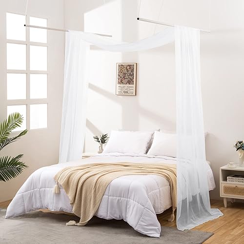 Bufanda blanca transparente para cama, cortinas de tul de 144 pulgadas de largo, cortinas de cama Tessie con cenefa, cortinas de dosel individual