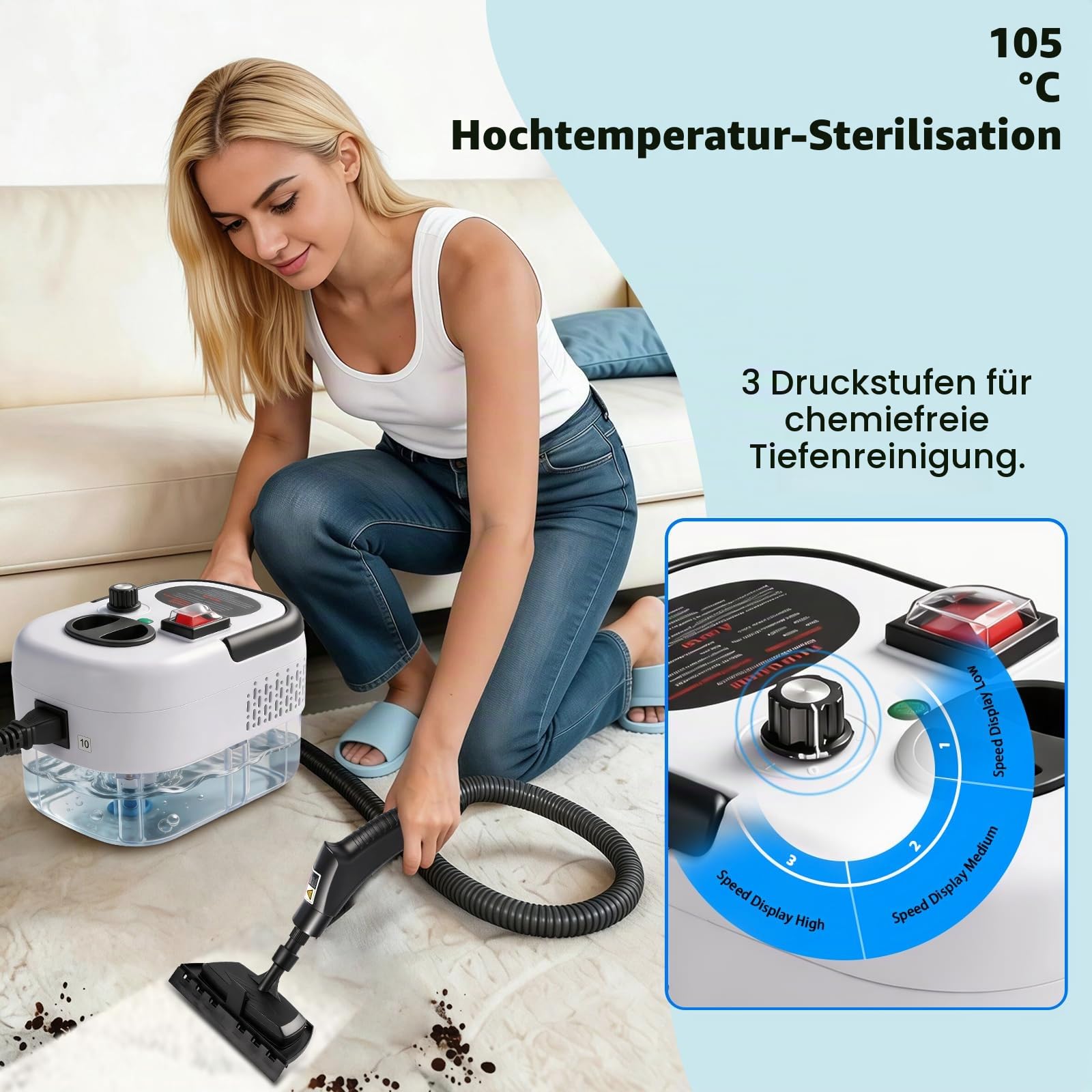 Neu 3-Stufig Einstellbarer Dampfreiniger Handgerät für Alles Haushalt Und Auto, 11s Aufheizzeit, 3bar Steam Cleaner, 1,2l Tank Handdampfreiniger für Autos, Haushalt, Küche, Fenstern,Boden