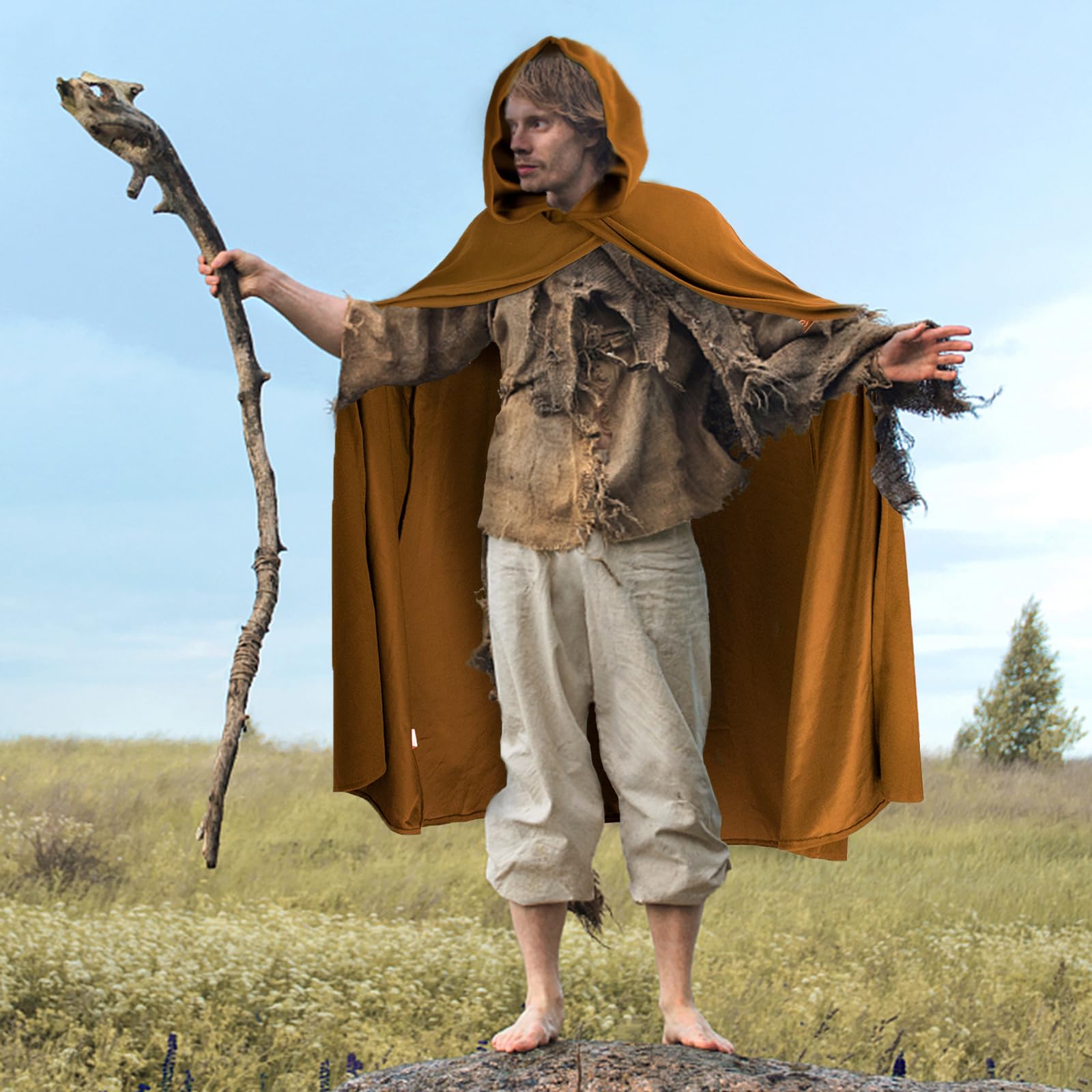 FSUJWOA Renaissance Hooded Cape Medieval Costumes with Hood Cloak Halloween Costume (Brown, Style-1) - Image 4