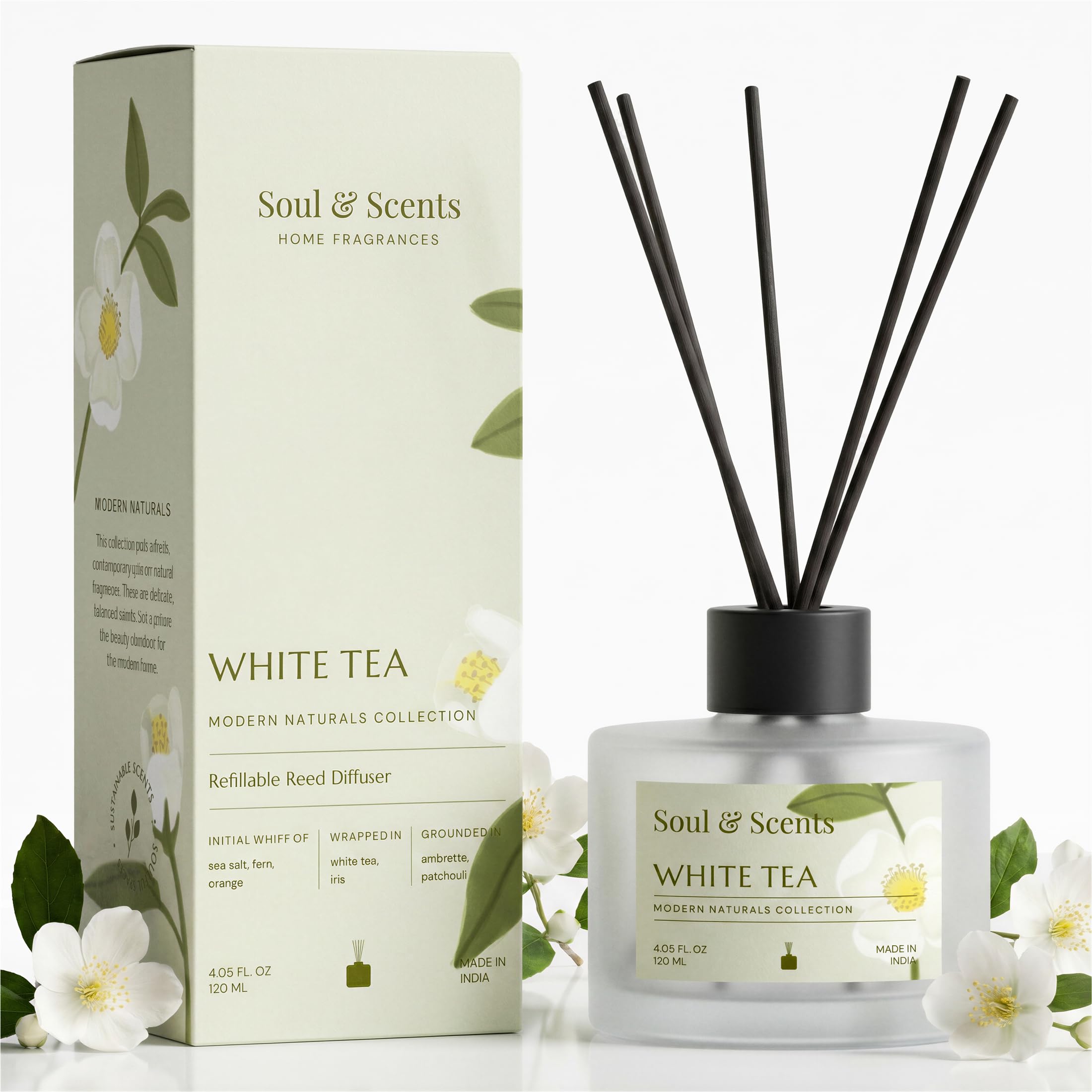 Soul & Scents Glass 120ml Premium White Tea Reed Diffuser Set,Free 6 Fiber Reed Sticks,Toxin Free & Stress Relief,Long Lasting,Smoke Less Room Freshener for Home, Bedroom & Office| Ideal for Gifting-image-2