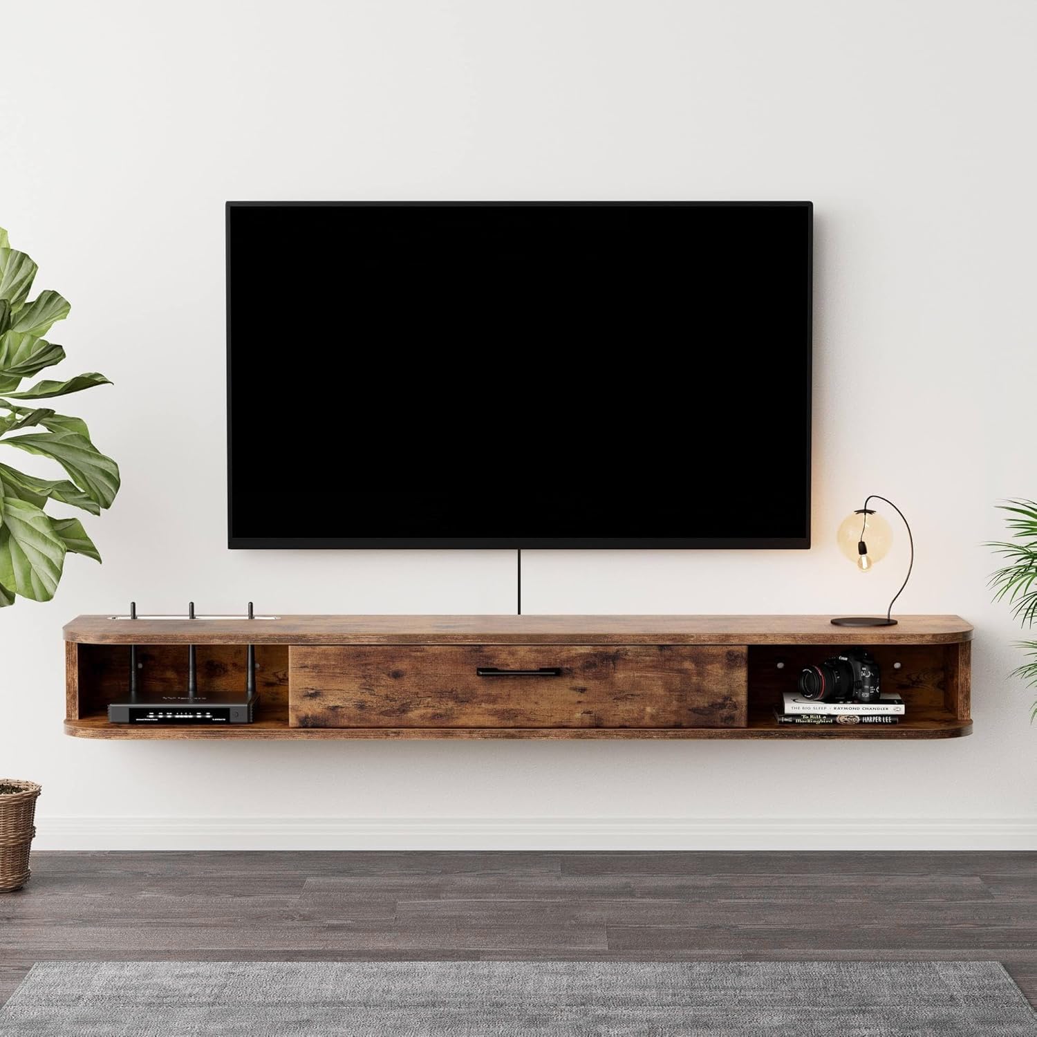 Photo 1 of ** MAJOR DAMAGE. SELLING FOR PARTS.**TuckTect Floating TV Unit, 79'' Wall Mounted TV Cabinet, Floating Shelves with Door, Modern Entertainment Media Console Center Large Storage TV Bench for Living Room & Office (78.74IN, Rustic Brown)