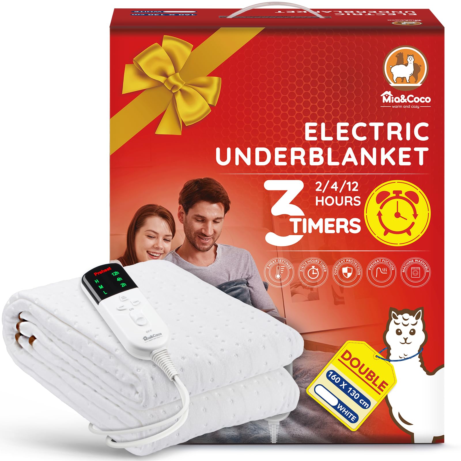Mia&Coco Electric Heated Blanket Double 160 x 130cm, Heated Underblanket with 12hour Timer...