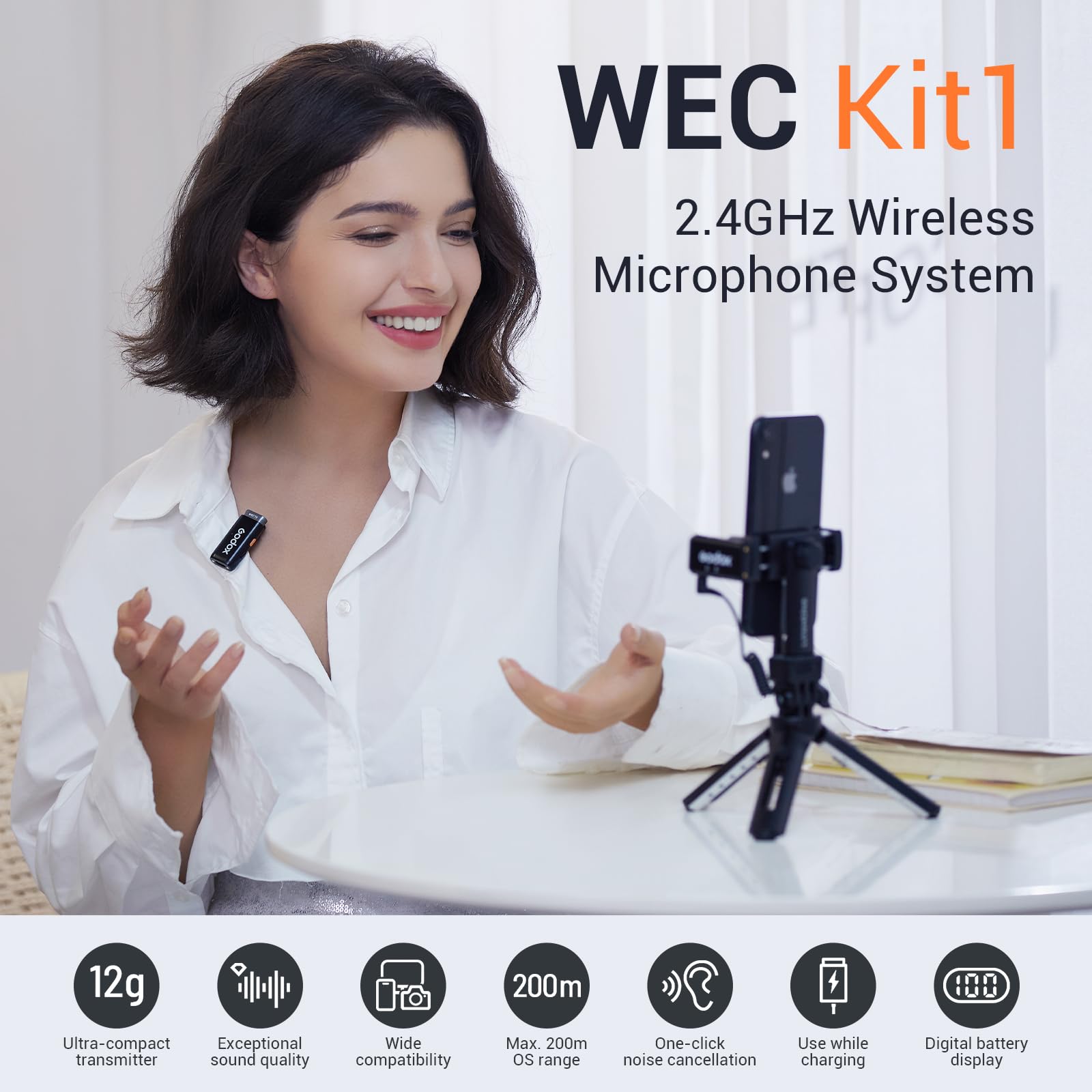 GODOX WEC Kit1 Wireless Lavalier Microphone, Noise Cancellation Lapel Mic, 200m(656ft) Range, 24H Battery Life, for Smartphones/Cameras for Video Recording Vlog Youtube