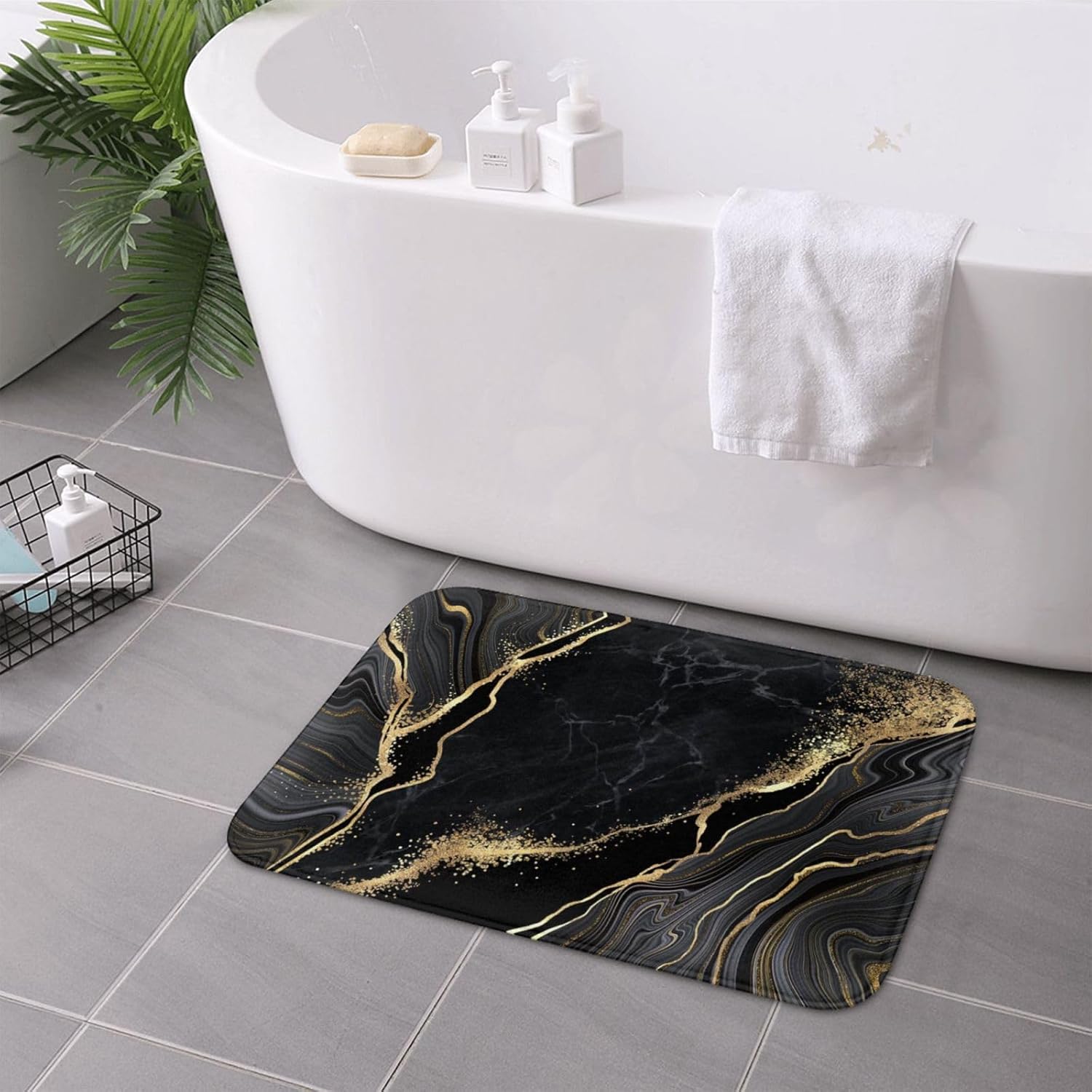 Black and Gold Marble Bath Mats for Bathroom, Soft Absorbent Bath Rug Non-Slip Floor Rug Carpets for Kitchen Bathroom Laundry Bedroom Living Room Decoration - Image 3