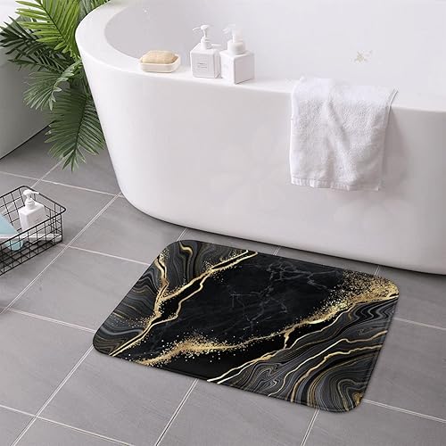 Miniatura 3 de Alfombras de baño de mármol negro y dorado para baño, alfombra de baño suave y absorbente, antideslizante, alfombra para cocina, baño, lavandería,
