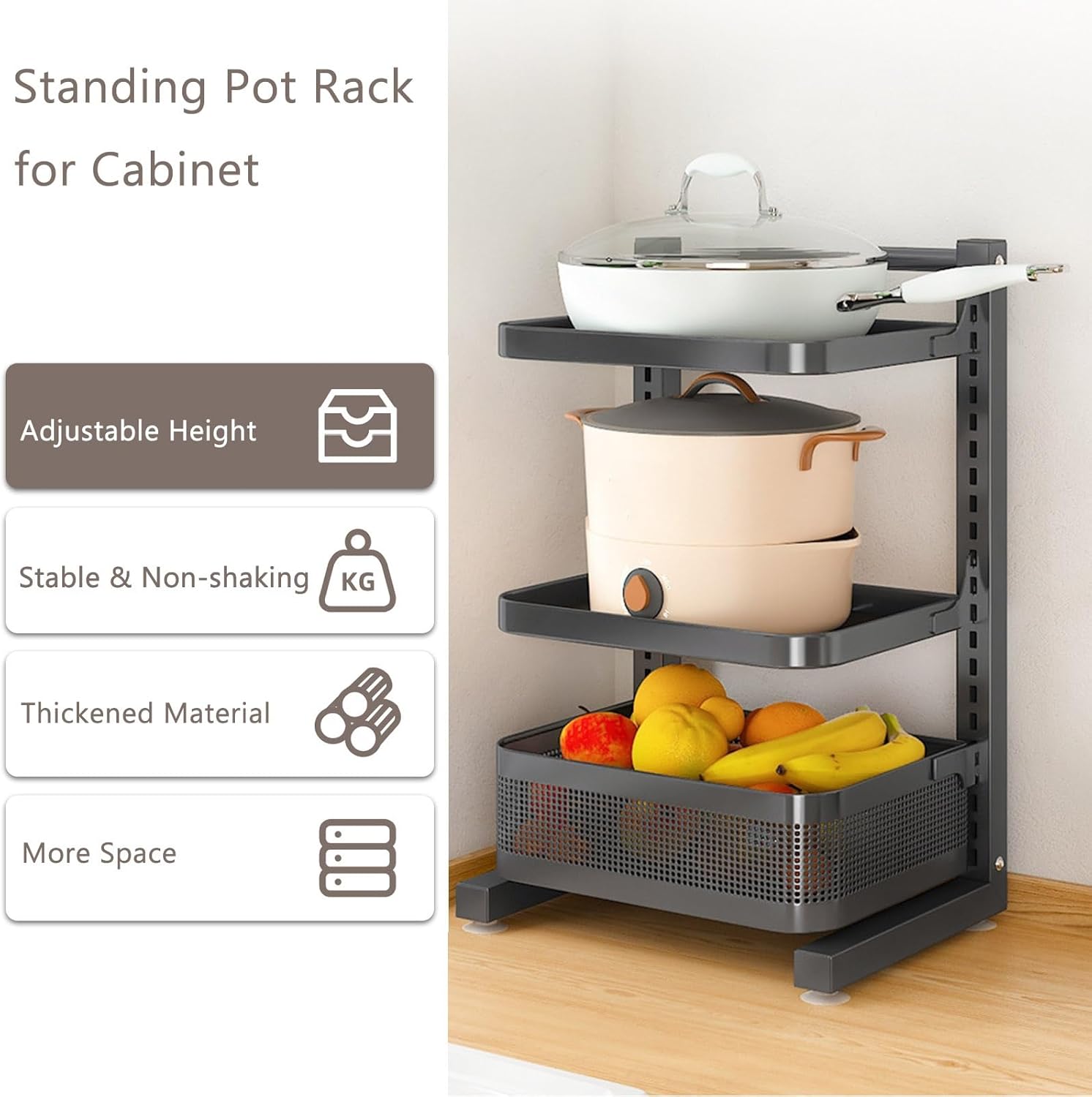 Pots and Pans Organizer, Adjustable Pan Organizer Rack for Cabinet,Heavy Duty Cookware Stand for Under Cabinet, 3 Tier Pan Lid Holder(Black) (Black)