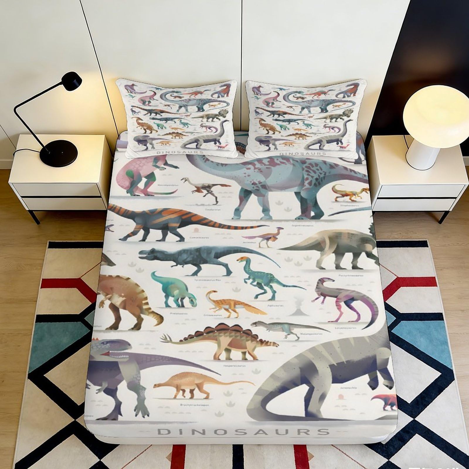 3D Printed Dinosaur Pattern Fitted Sheet Microfiber Soft Multicolour Jurassic Bed Cover for Bedroom Guest Room Decor 90x200x25cm