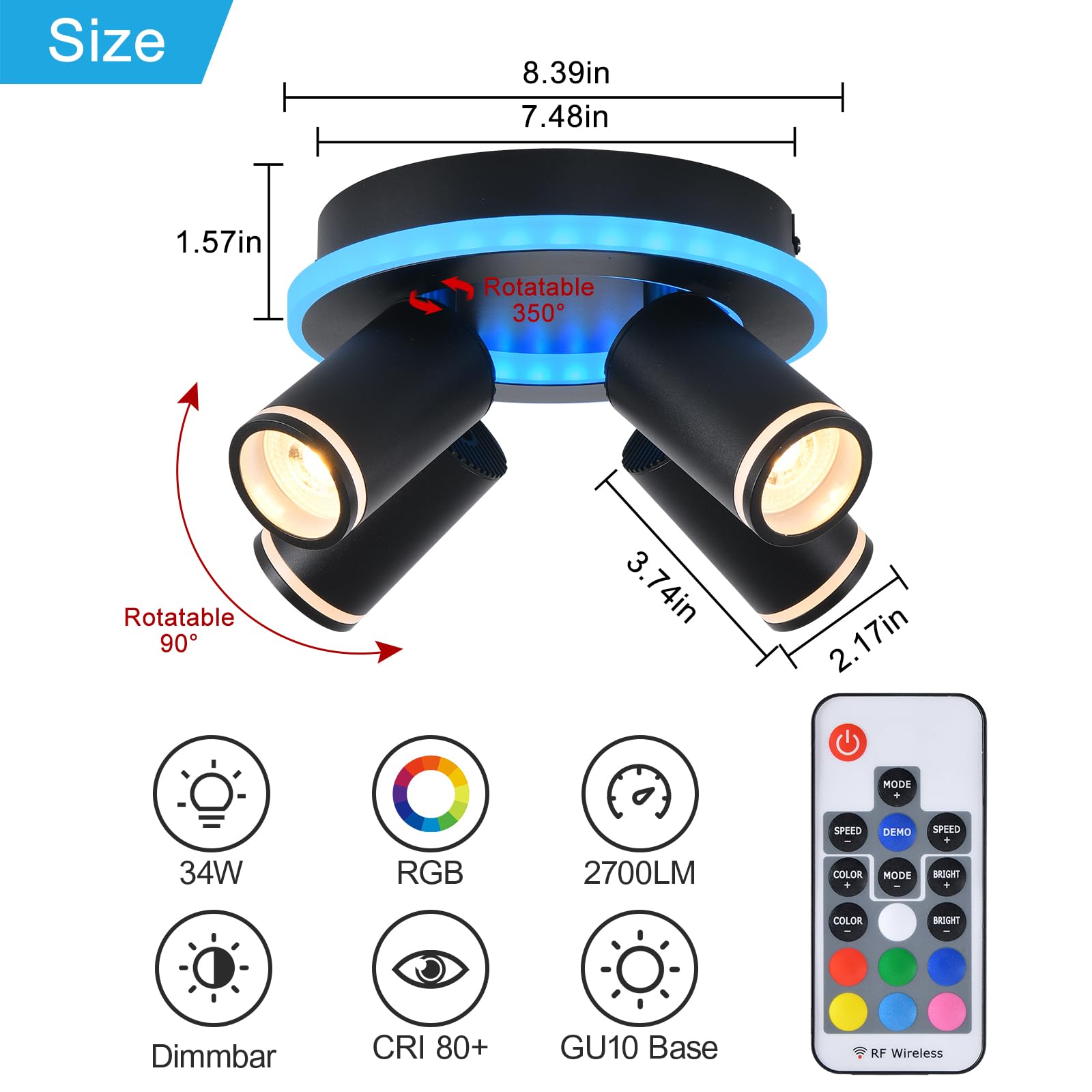 SANSHI Deckenlampe LED Dimmbar mit Fernbedienung,RGB Farbwechsel,Schwarz | Schwenkbar 350° Deckenleuchte,4 Flammig Rund Deckenstrahler,unteres Glühen 14W+4x5W GU10 spots,Modern Lampe Decke für Küche
