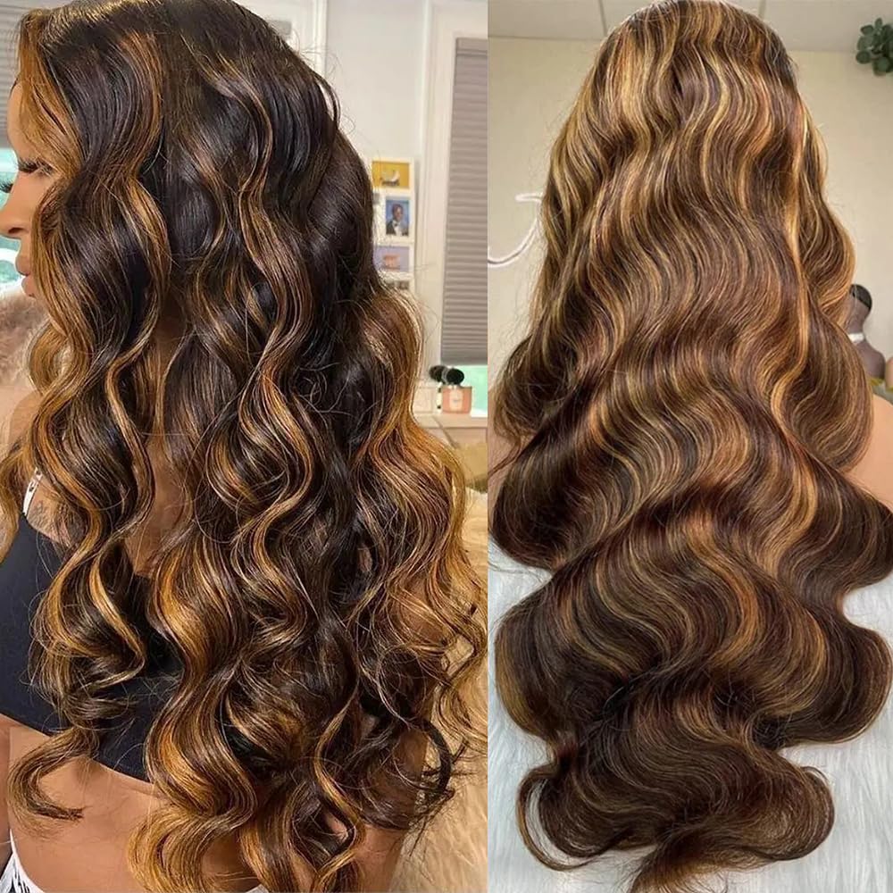 DOSAY Highlight Ombre 13x4 Hd Transparent Lace Front Human Hair Wig 24 Inch Brown Honey Blonde Body Wave Glueless Wigs 180% Density for Woman