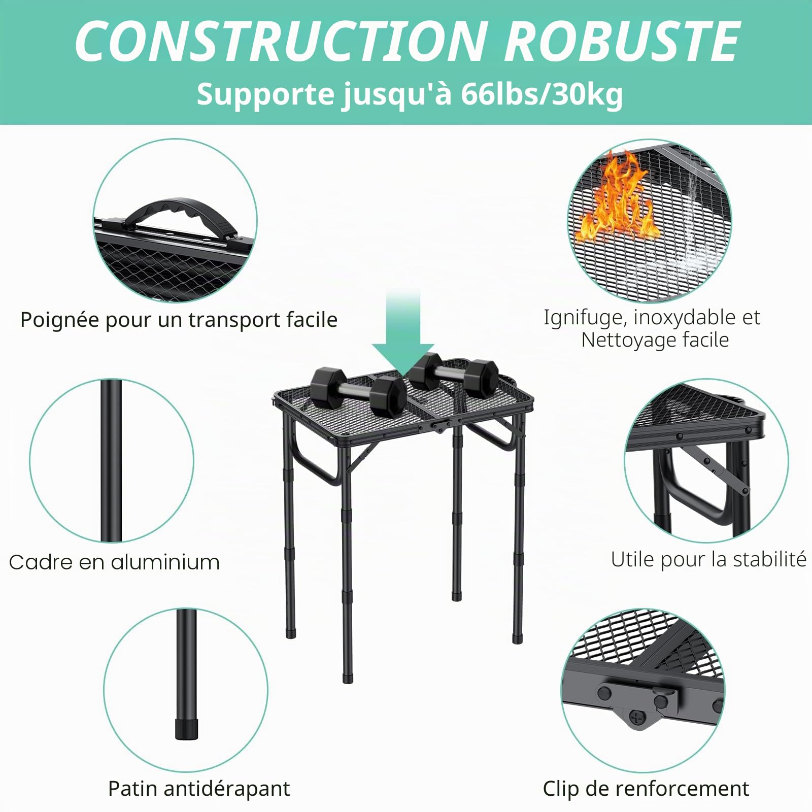 VINTEAM Table de Camping Pliante 3 Hauteur Réglable Grille 58 * 40cm | Charge 30kg, Résistant à la chaleur, Facile à Nettoyer, Cadre en Aluminium Solide pour BBQ, Pique-Nique, Jardin, en Plein air