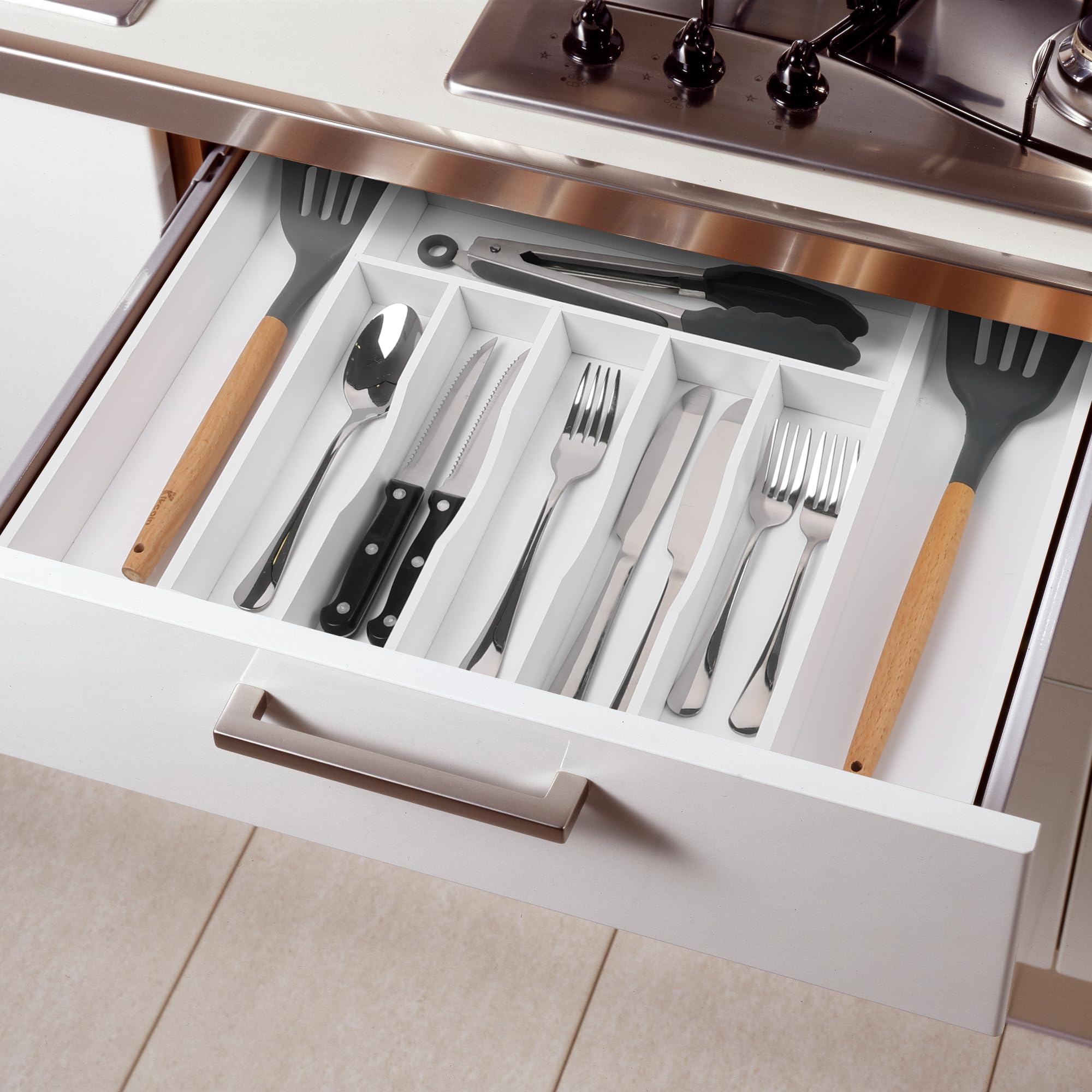 Großer Premium-Besteck-Organizer aus Bambus – erweiterbarer Schubladen-Organizer und Utensilien-Organizer – 43,2 x 50 cm Besteckkasten mit Trennwänden für Küchenutensilien und Besteck (7–9