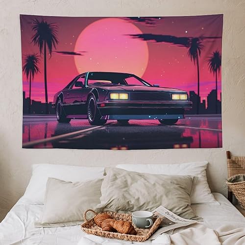 Miniatura 7 de QEOPGNE Tapiz de pared para dormitorio, auto clásico Jdm de los años 80, Synthwave Retrowave estético, palmera, paisaje urbano, banderas de pared,