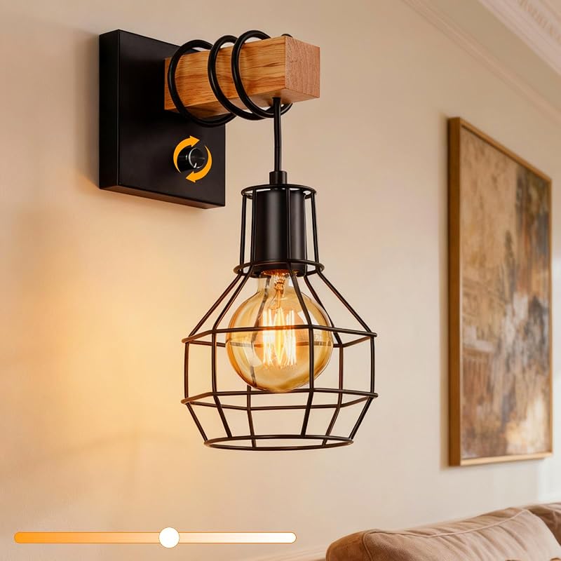Aplique de pared Lightess Farmhouse con interruptor Aplique de pared regulable con cableado | La pantalla de jaula negra de Metal ofrece un práctico interruptor de atenuación de luz amplia, lámpara de pared rústica perfecta para la decoración interior de la sala de estar de la cocina