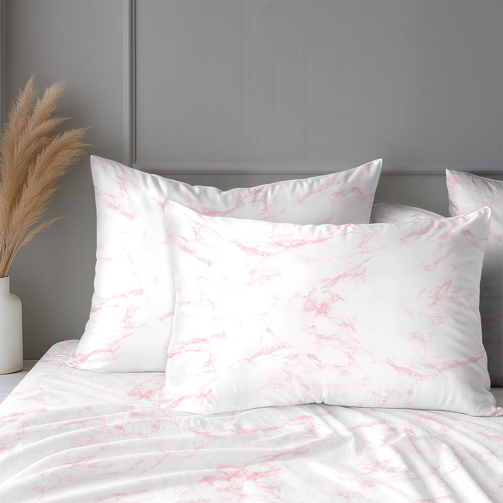 Pizuna Pure Combed Cotton Pillow Case 48 x 74 cm Carrara Marble Pink, 400 Thread Count Soft Luxurious 100% Long Staple Cotton Sateen Weave Pillow Cover (Printed Pillowcase - 2 PC)