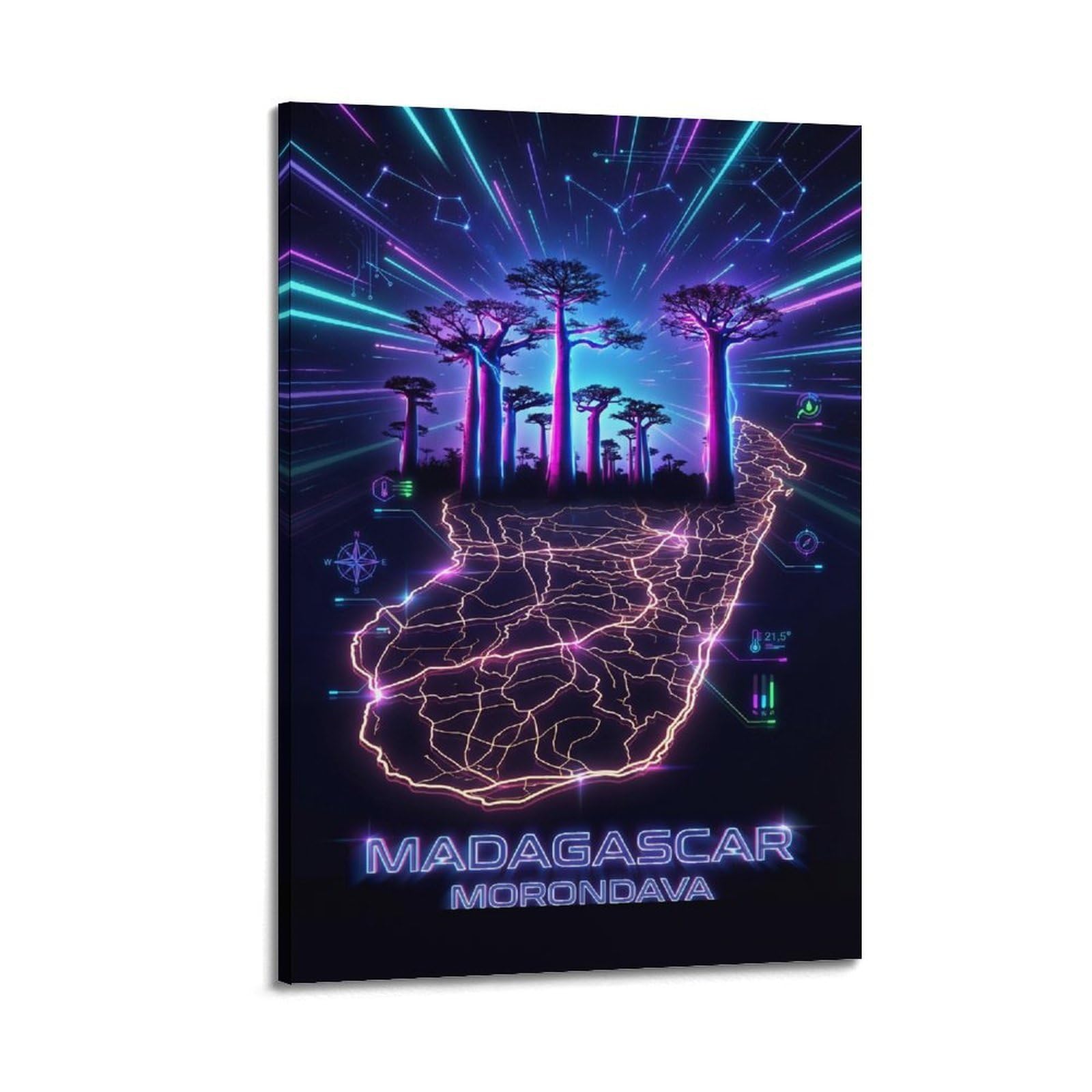 XKUGA Retro Futuristic Madagascar Baobab Tree Map Poster Modern Decorative Canvas Prints - Ideal Wall Art for Family, Man Cave, Game Room, Boys & Girls Bedroom 24x36inch(60x90cm)