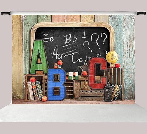 Kate Fondo de fotos de bienvenida a la escuela, 10 x 6.5 pies, fondo de madera colorida para el aula, pizarra de pared de letras ABC, fondo de