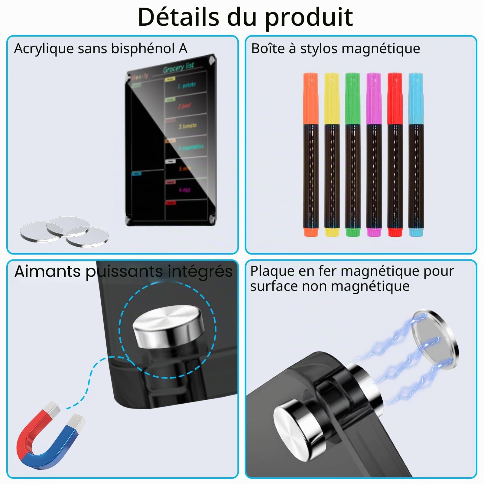 Calendrier de réfrigérateur magnétique en acrylique effaçable à sec avec 6 marqueurs de couleurs (noir, hebdomadaire, 40 x 30 cm)