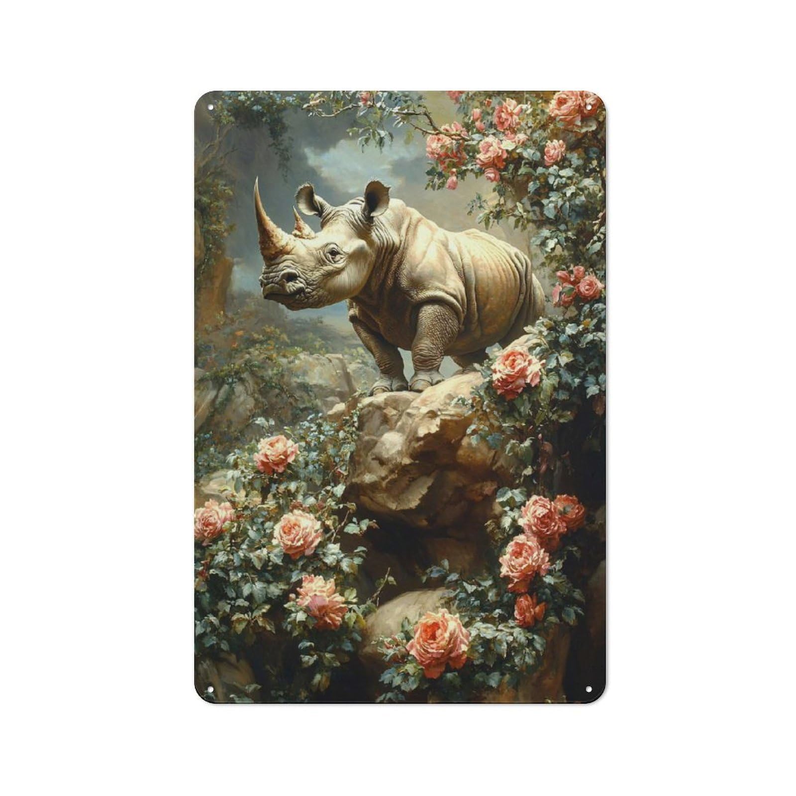 Junmoney Style-2 Rhinoceros Amidst Blooming Roses Retro Tin Wall Plaque 30X20cm For Hobby Room Or Studio, For Garage, Workshop And Man Cave Decoration
