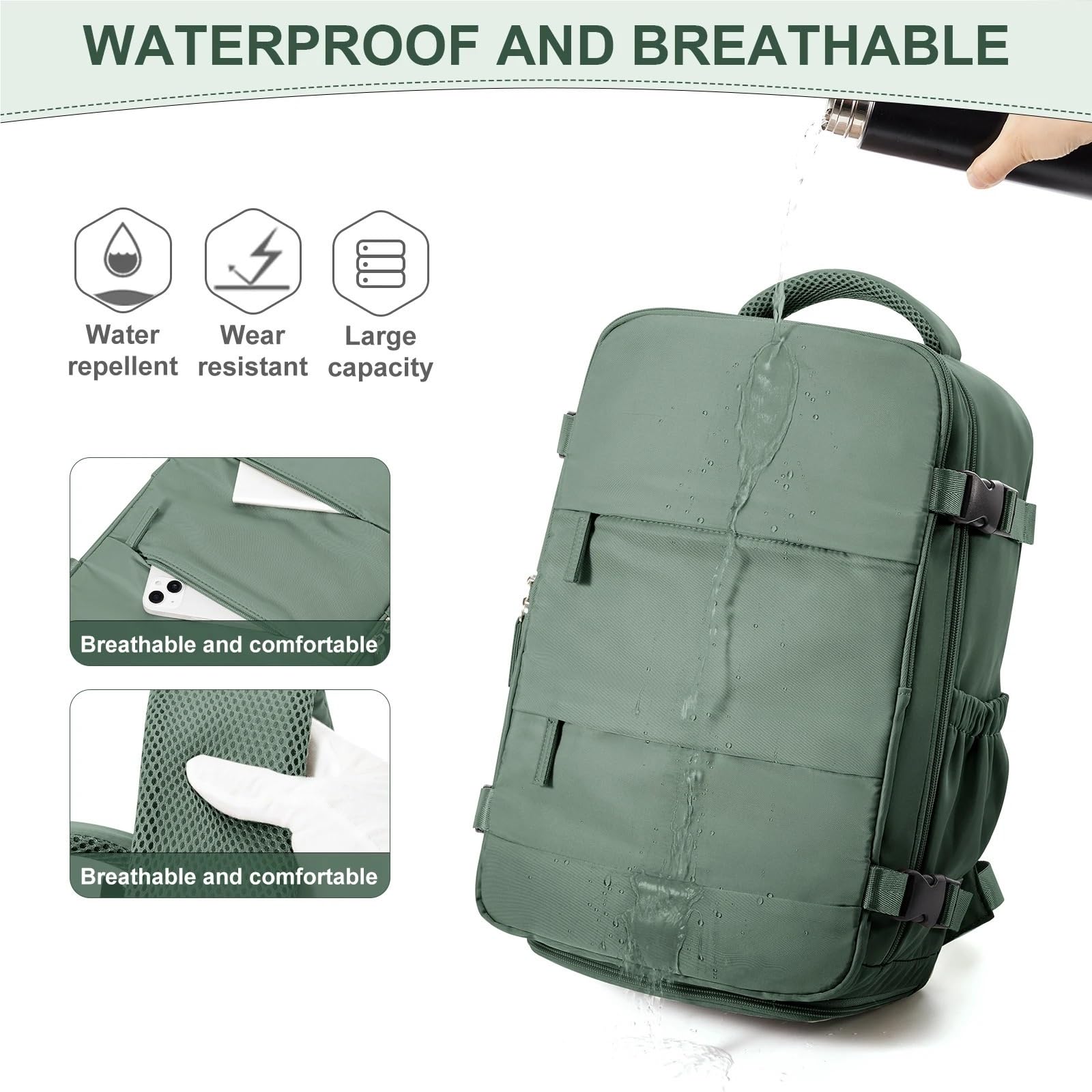 Mochila para portátil Mochila 40x20x25 cm Bolsa de Cabina Mochila de Viaje for Hombres Mujeres Equipaje de Mano Mochila for Ordenador portátil de Ocio(Green)