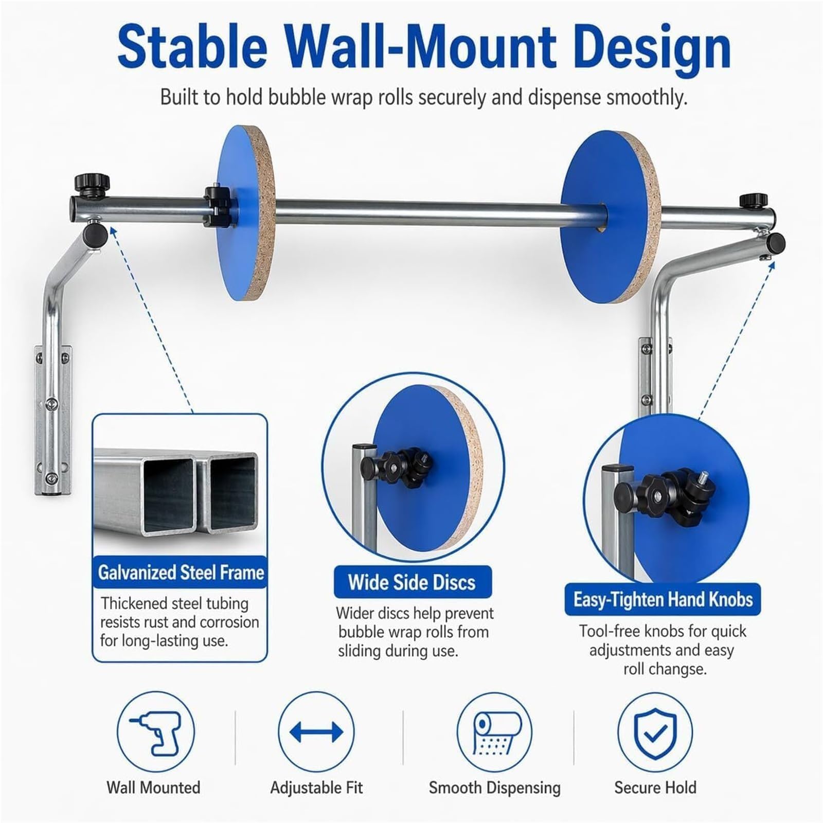 Bubble Foam Wrap Roll Dispenser, Support Mural De Film À Bulles Avec Extrémités Réglables, Tube En Acier Galvanisé, Support Manuel Pour Film Étirable, Protection Pour Emballage Déménagement Expé 30cm
